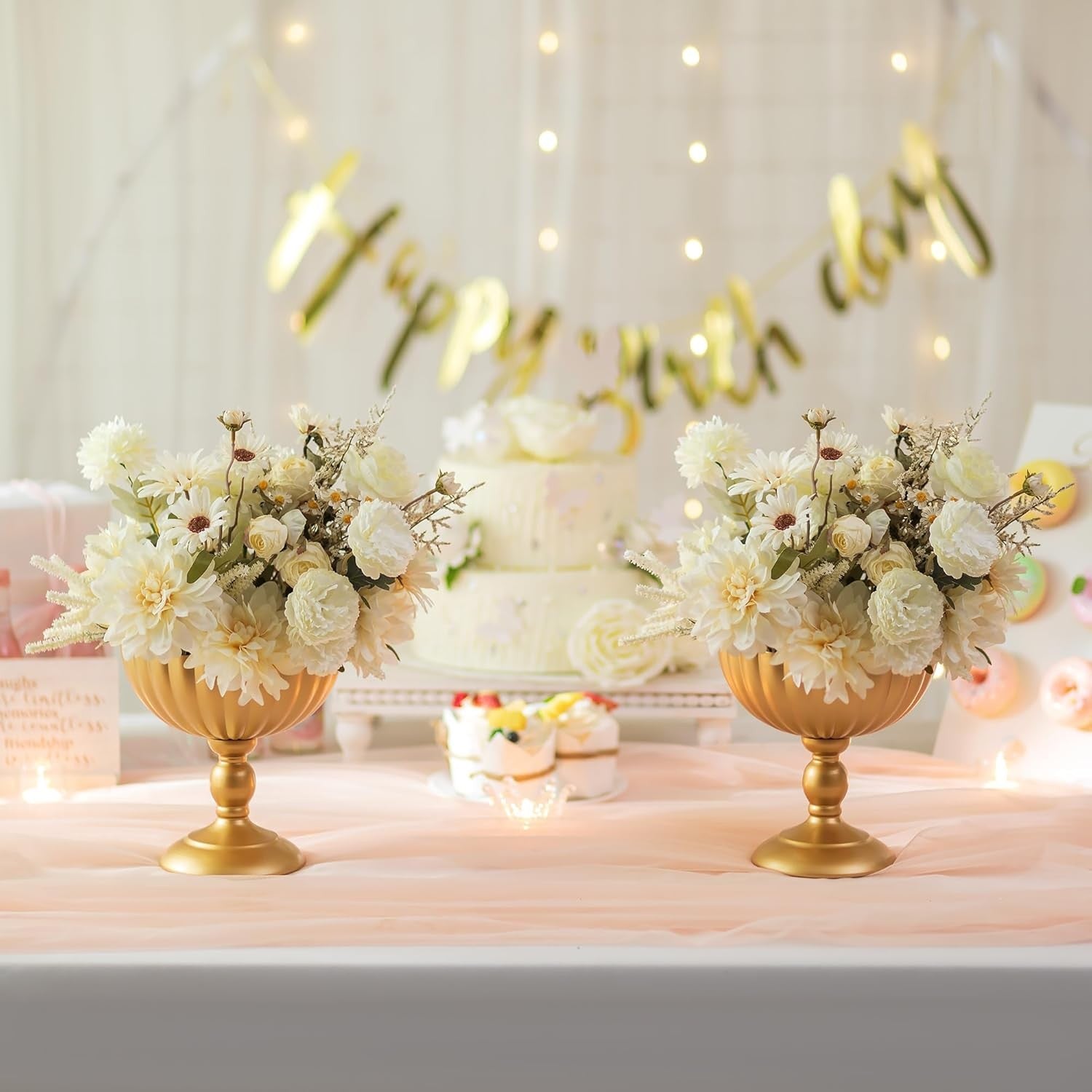 Gold Urn Wedding Centrepiece Vase Pair – 20cm Metal Flower Table Decor