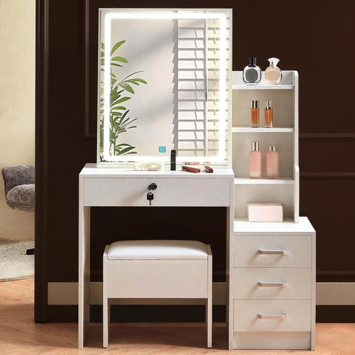 White LED Vanity Dressing Table Makeup Desk Set Sliding Mirror & Stool 4 Drawers