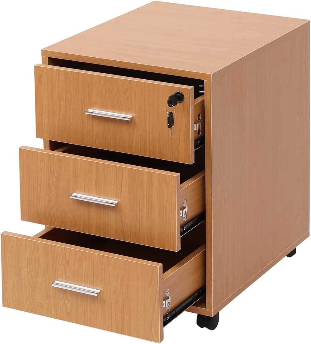Beech Locking Rolling Desk Pedestal 3 Drawer Under Desk File Unit