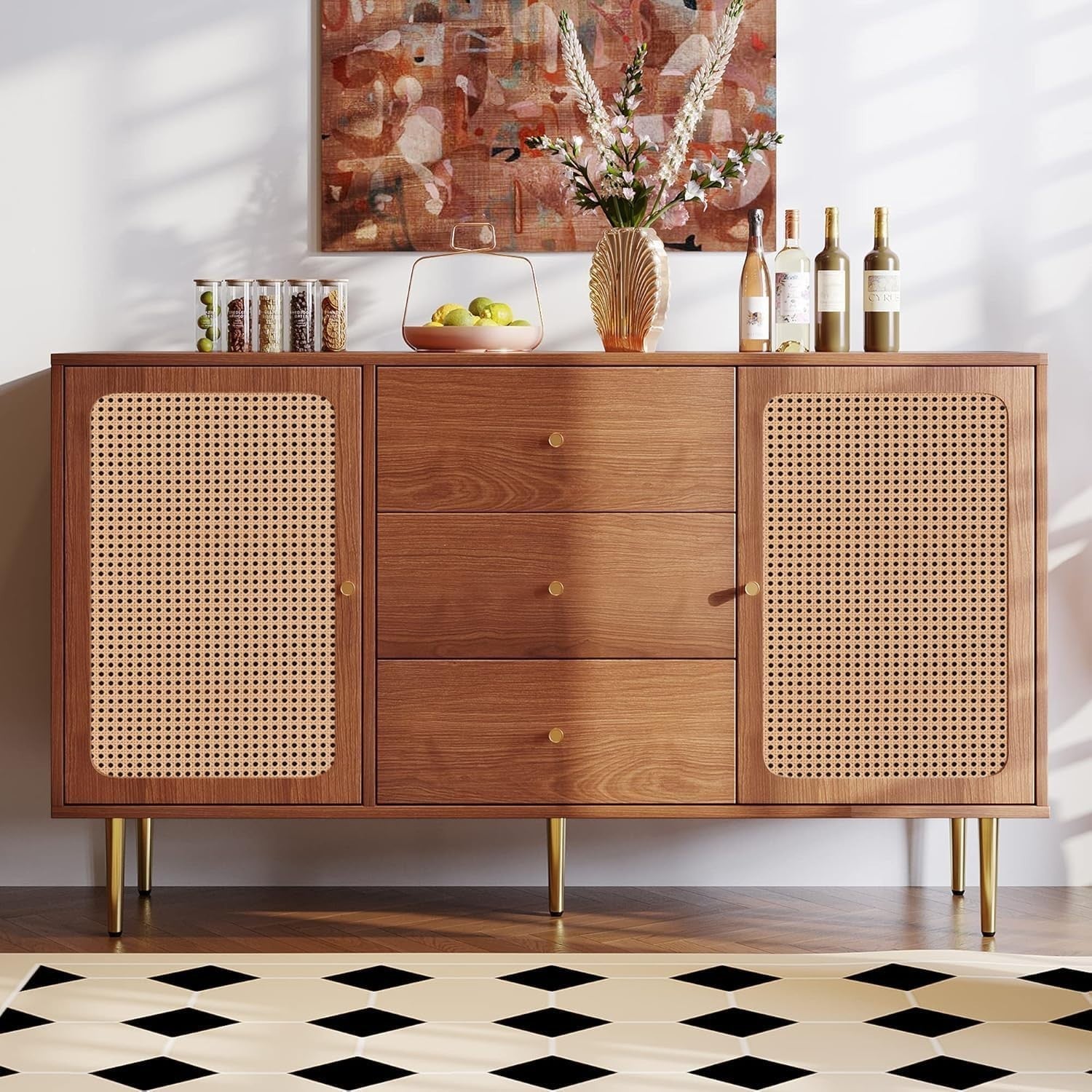 Walnut Rattan Sideboard Cabinet 3 Drawers 2 Doors Storage Unit