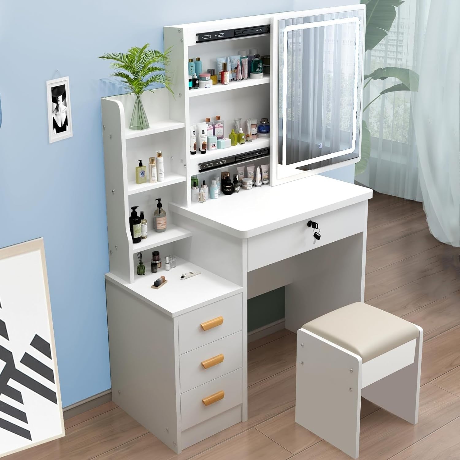 White Dressing Table Vanity Set w/ LED Light Mirror Storage Drawers Modern