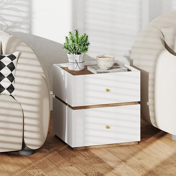 Modern White Bedside Tables Set of 2 with Drawers, Compact Wooden Nightstands