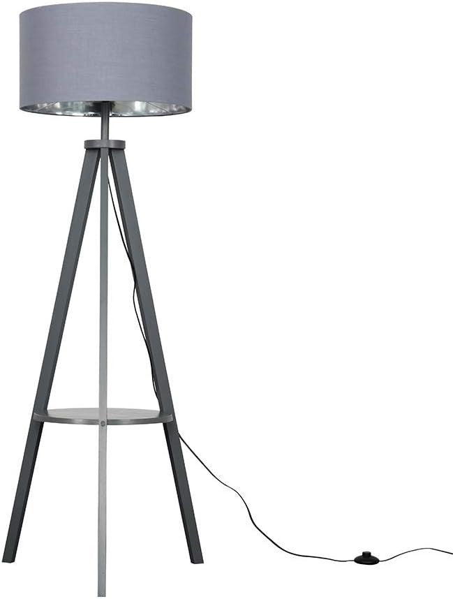 Grey Tripod Floor Lamp with Shelf & LED Bulb | 140cm Tall Modern Light