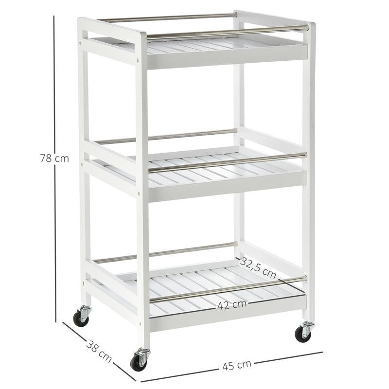 3-Tier Rolling Kitchen Trolley Cart with Steel Trays & Wheels – White