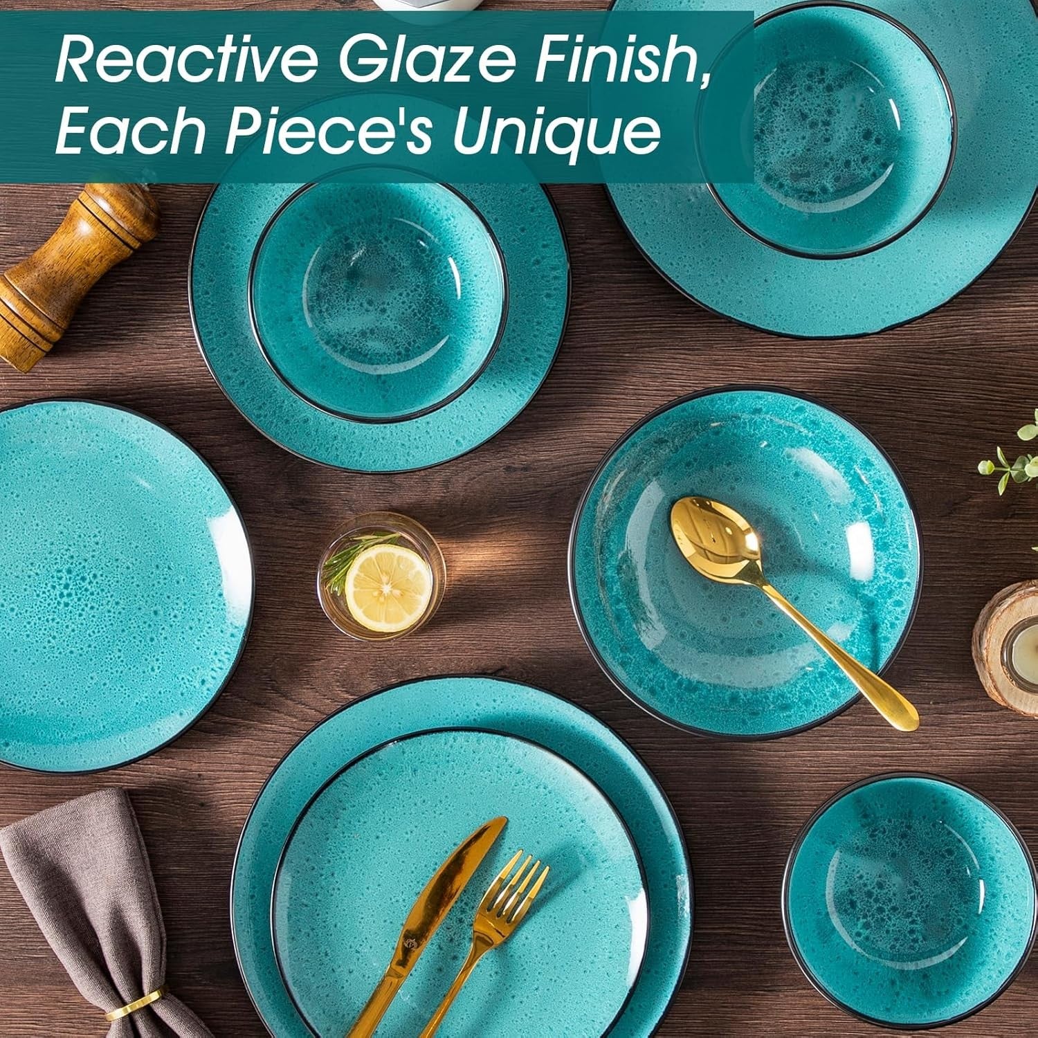 24pc Stoneware Dinnerware Set Green Plates Bowls Reactive Glaze Vintage