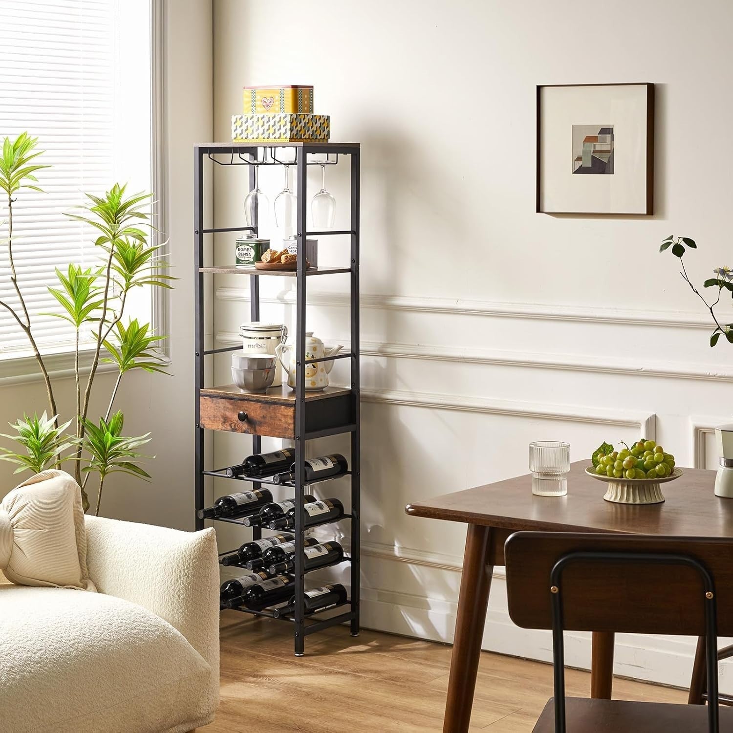 Freestanding Wine Rack Bar Cabinet with Drawer 16 Bottle Storage Shelf