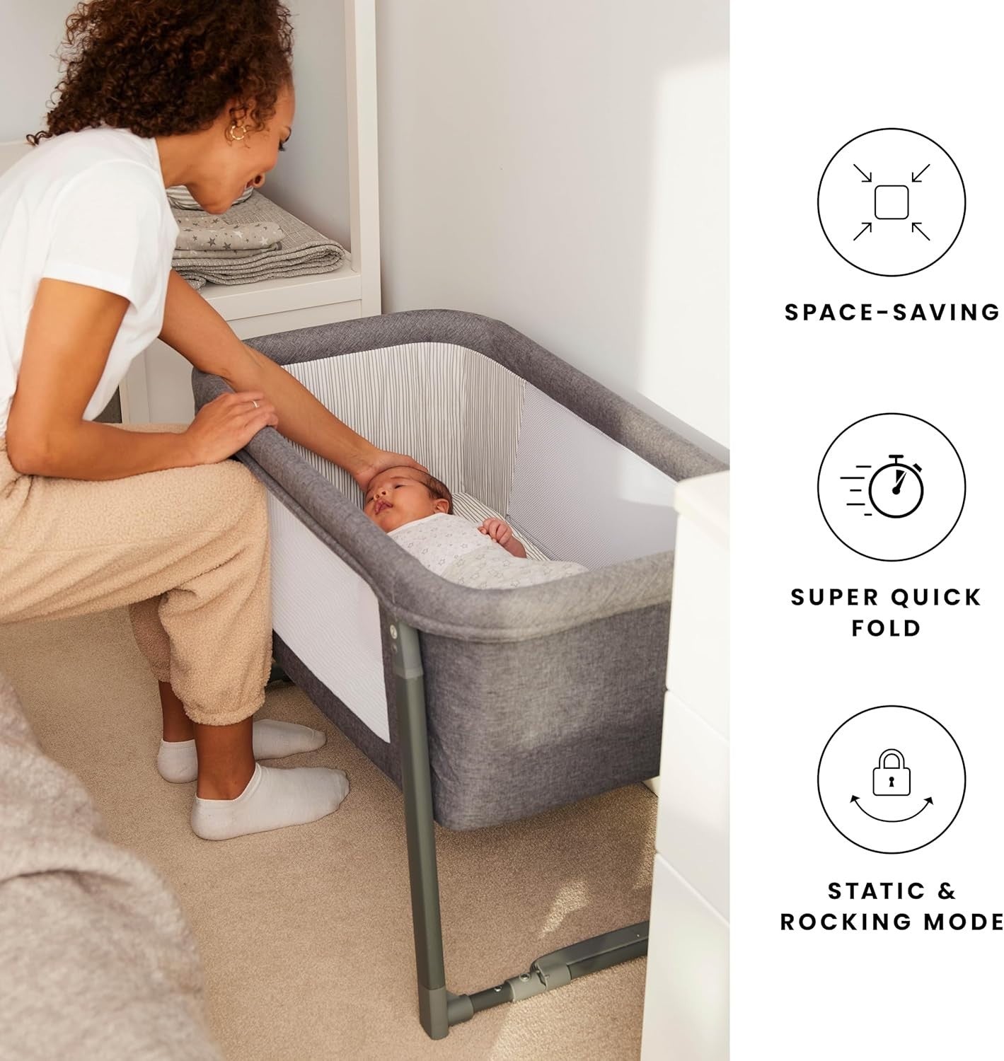 Compact Rocking Baby Crib Foldable Bassinet with Mattress & Travel Bag Grey