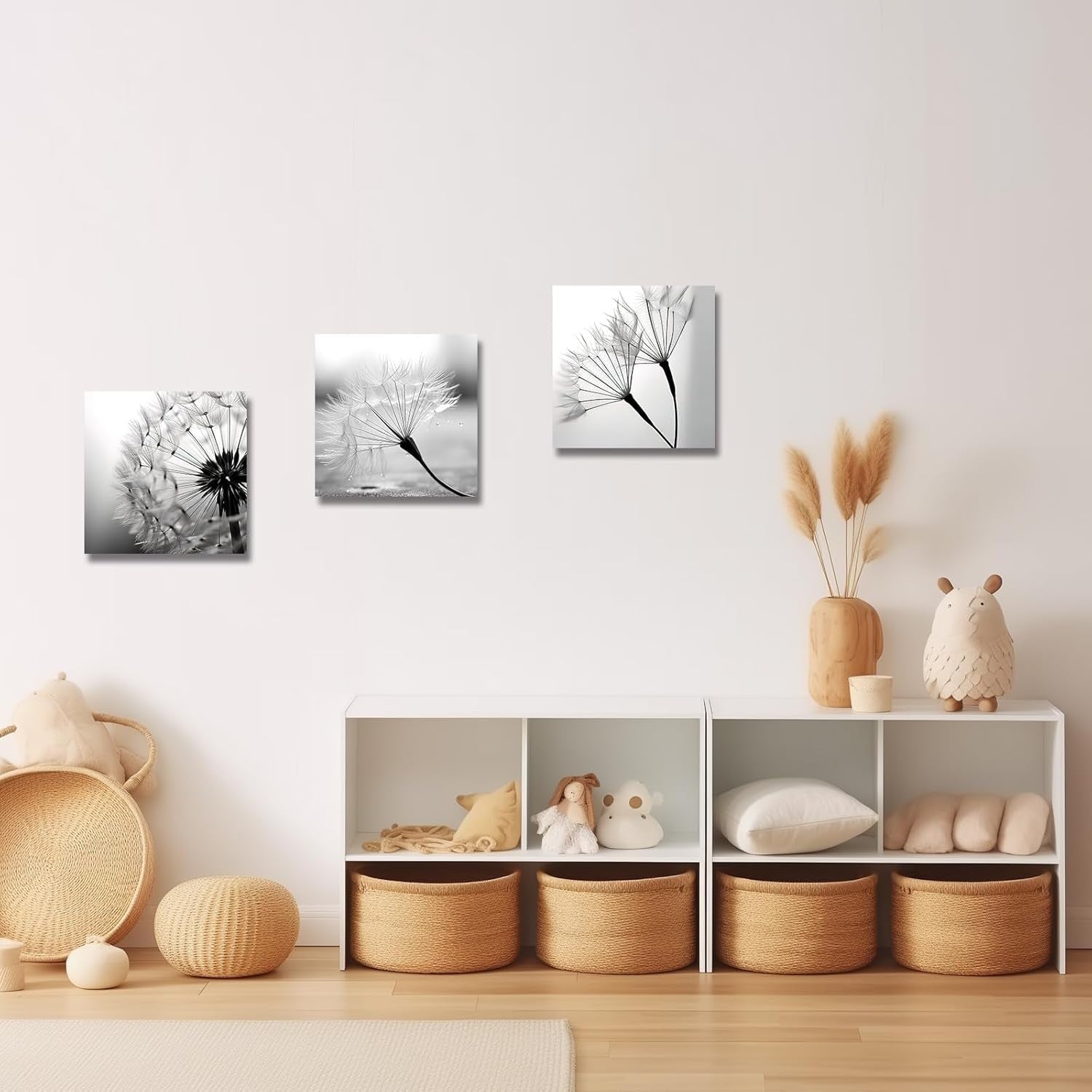 3-Piece Black & White Dandelion Canvas Wall Art 12"x12" Framed