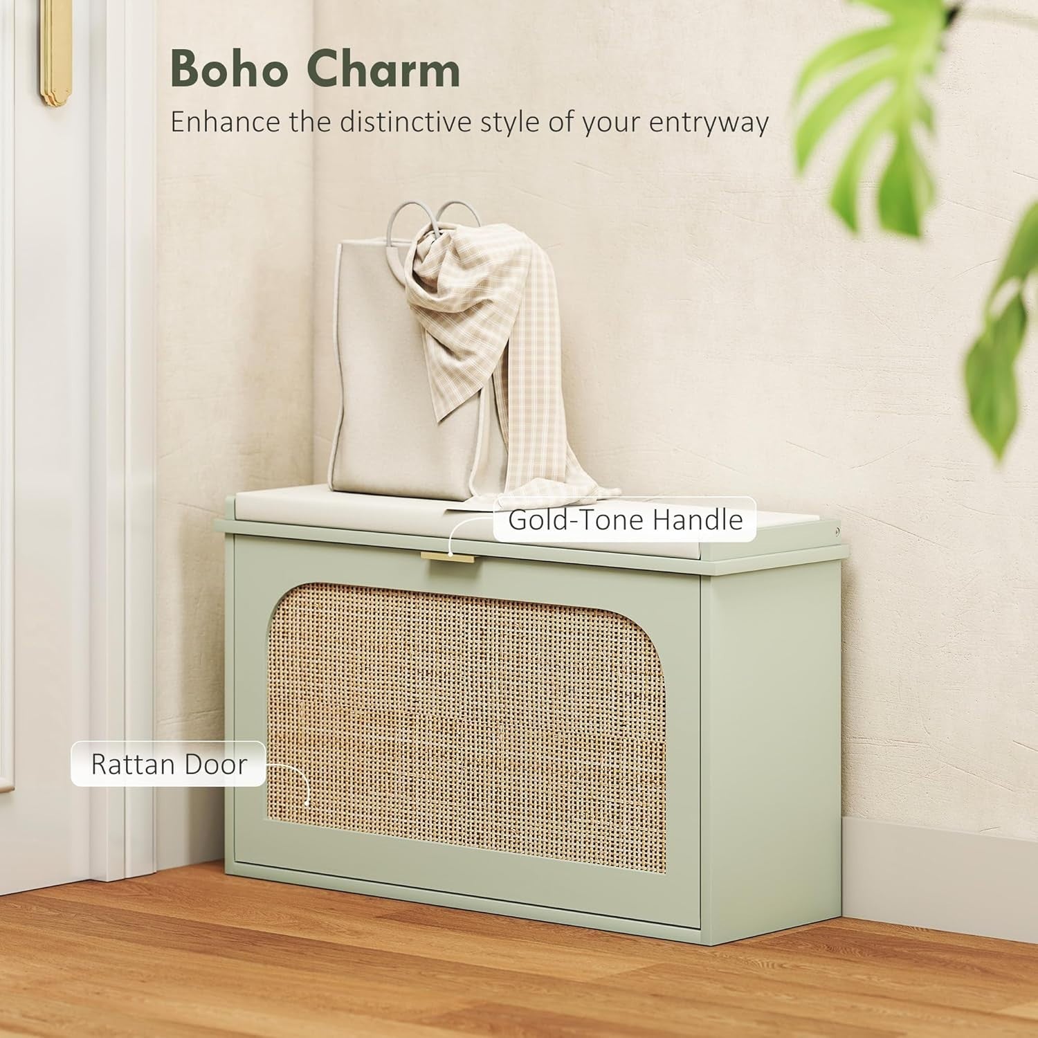 Compact Boho Shoe Bench with Padded Seat & Flip Drawer, Holds 8 Pairs