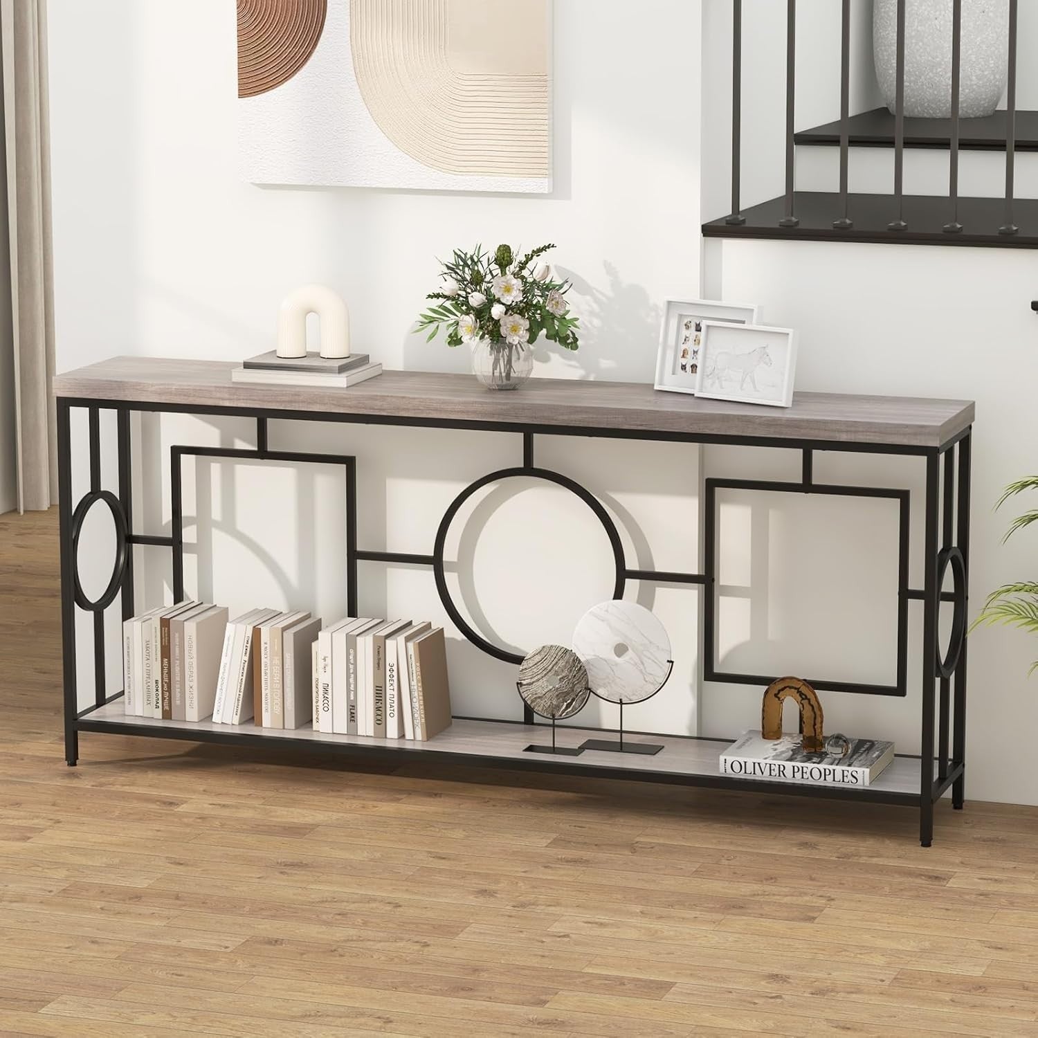 Slim 2-Tier Console Table with Storage Shelf & Wood Grain Top, Black Frame