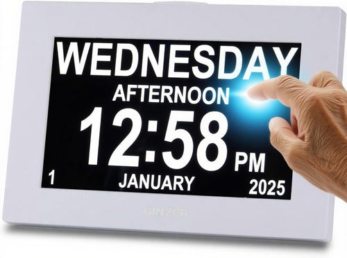 Large Dementia Alarm Clock 8” Touch Screen Talking Date Display