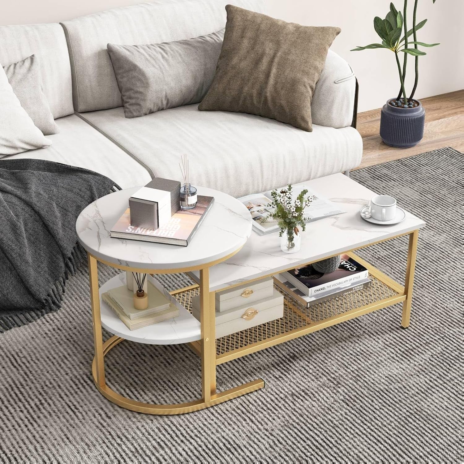 2-in-1 Coffee Table Set Storage Side Sofa Table Adjustable Height Gold White
