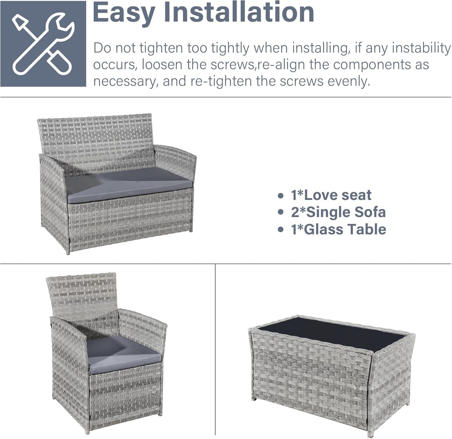 Grey Rattan Outdoor Patio Furniture Set - 4-Piece, Waterproof, Modern Design