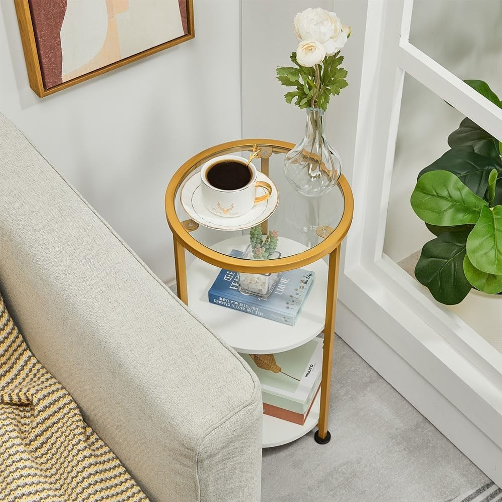 Small Round Glass Side Table with 3-Tier Storage, Tempered Glass & Gold Trim