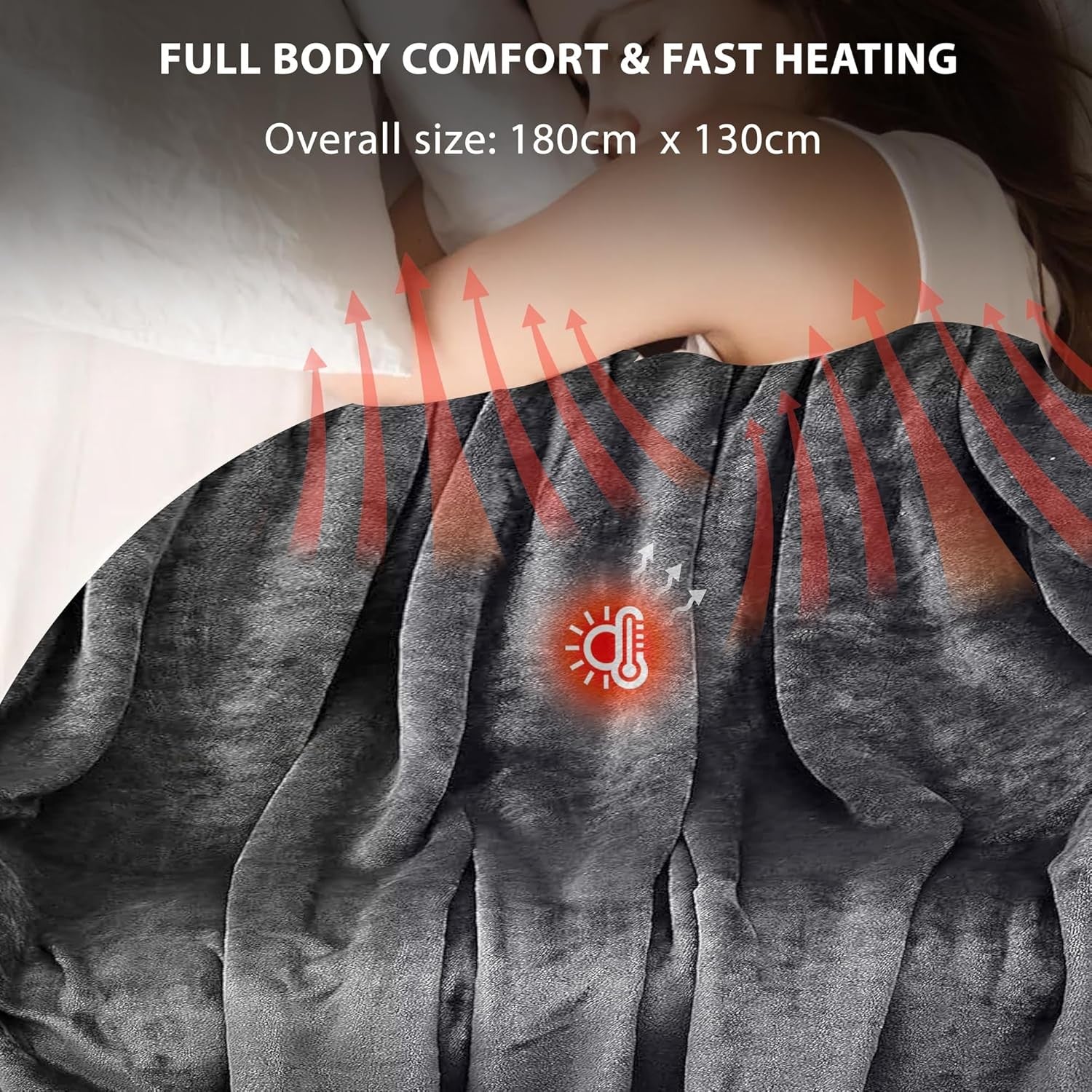 Electric Heated Throw Blanket Fleece 9 Heat Settings Auto Shut Off 180x130cm