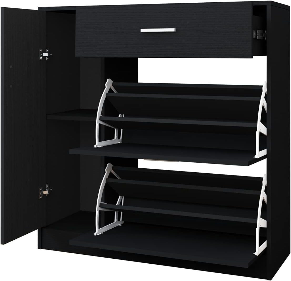 Modern 2-Drawer Wooden Shoe Cabinet Organizer for 18 Pairs Shoes Black
