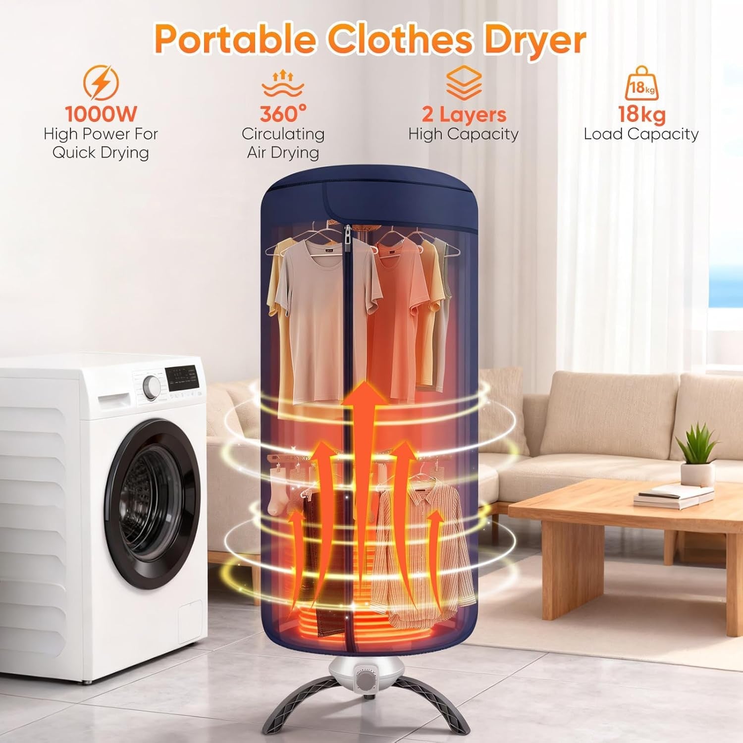 Portable Electric Clothes Dryer 1000W Hot Air Drying Pod 18kg Indoor