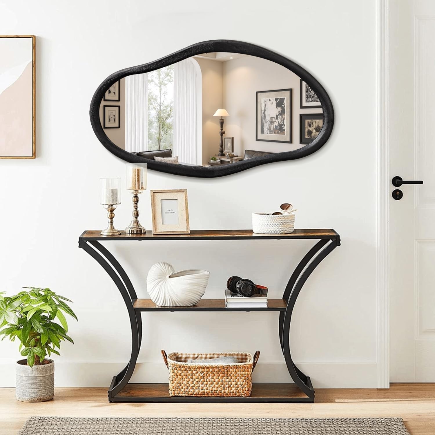 Asymmetrical Black Wood Wall Mirror 85x55cm Stylish Modern Decor