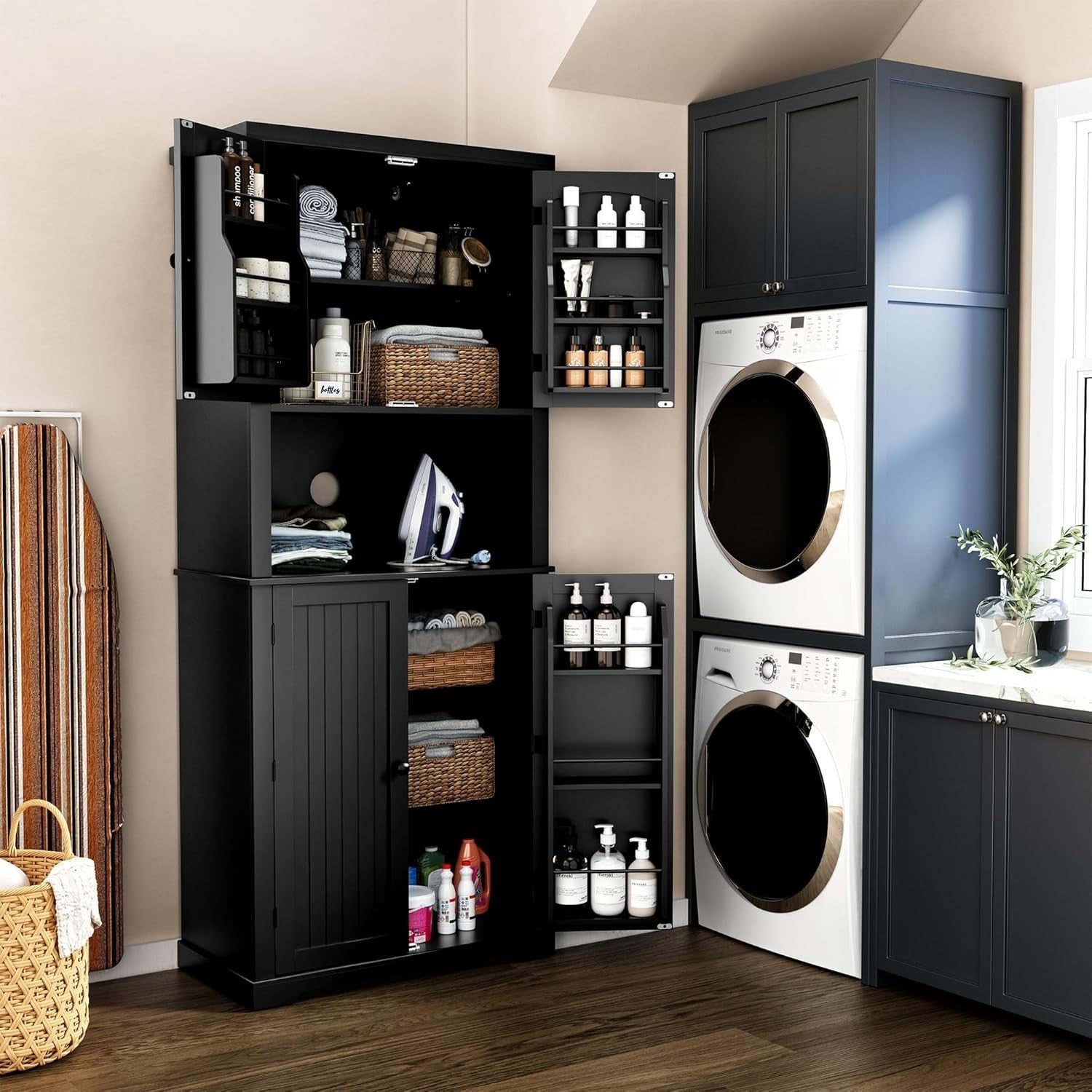 Black Tall Kitchen Pantry Cabinet Storage Cupboard Doors Shelves