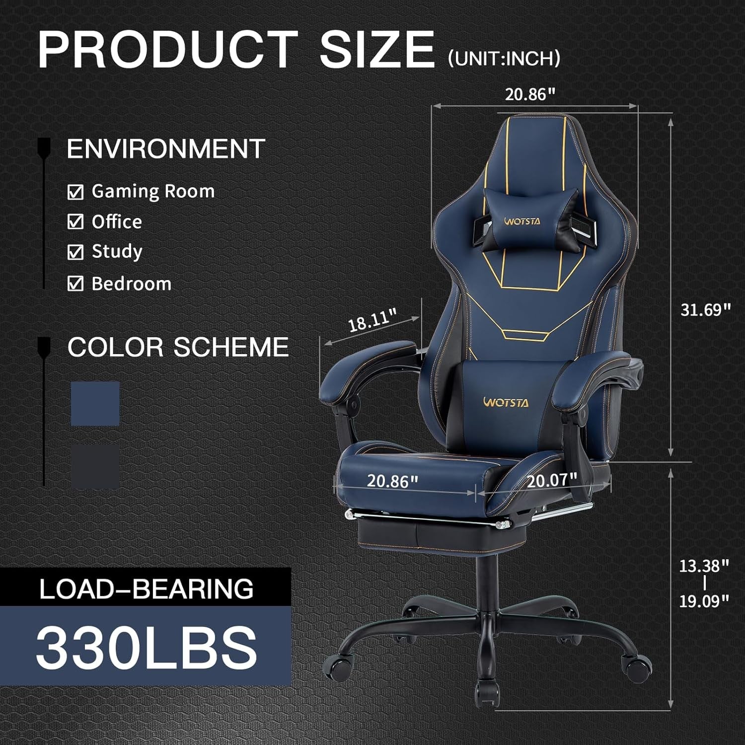 Ergonomic Gaming Chair with Footrest Lumbar Support Blue