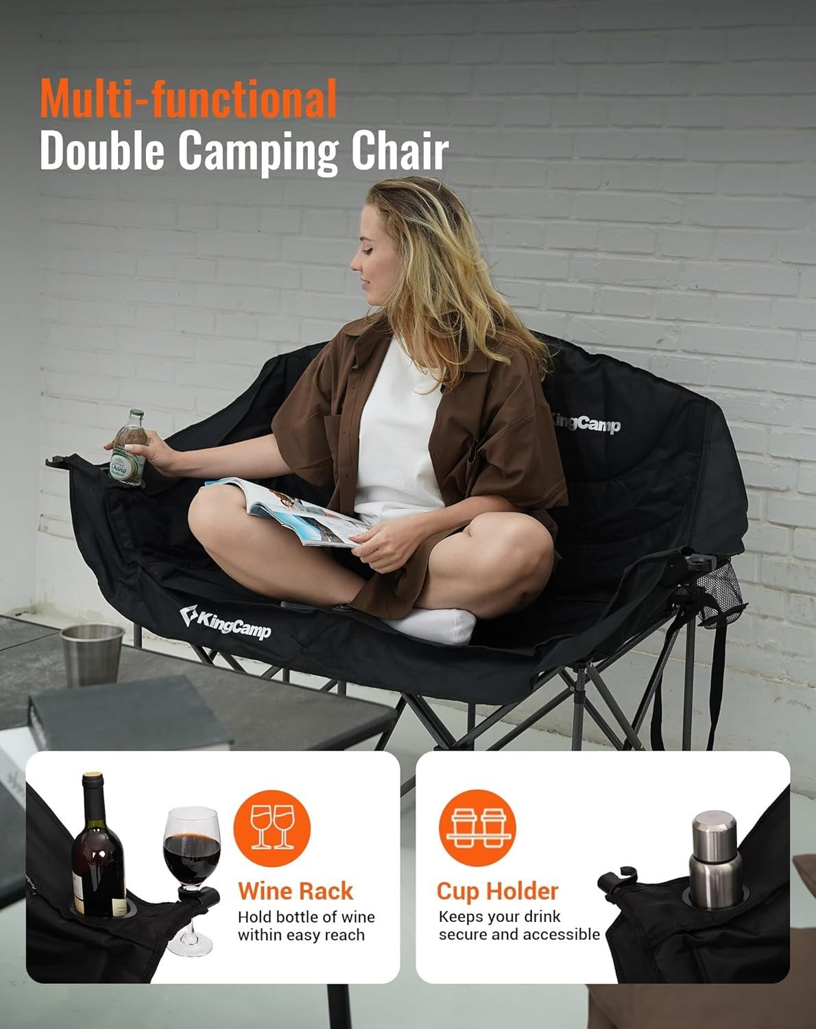660lbs Heavy Duty Folding Camping Sofa Chair 2 Seater Outdoor Padded