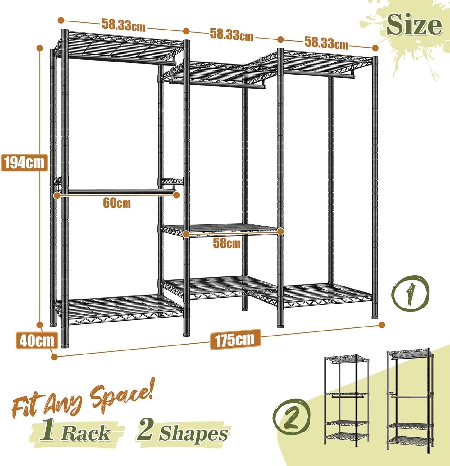 Heavy Duty Clothes Rail 380KG Adjustable Shelves Wardrobe Black
