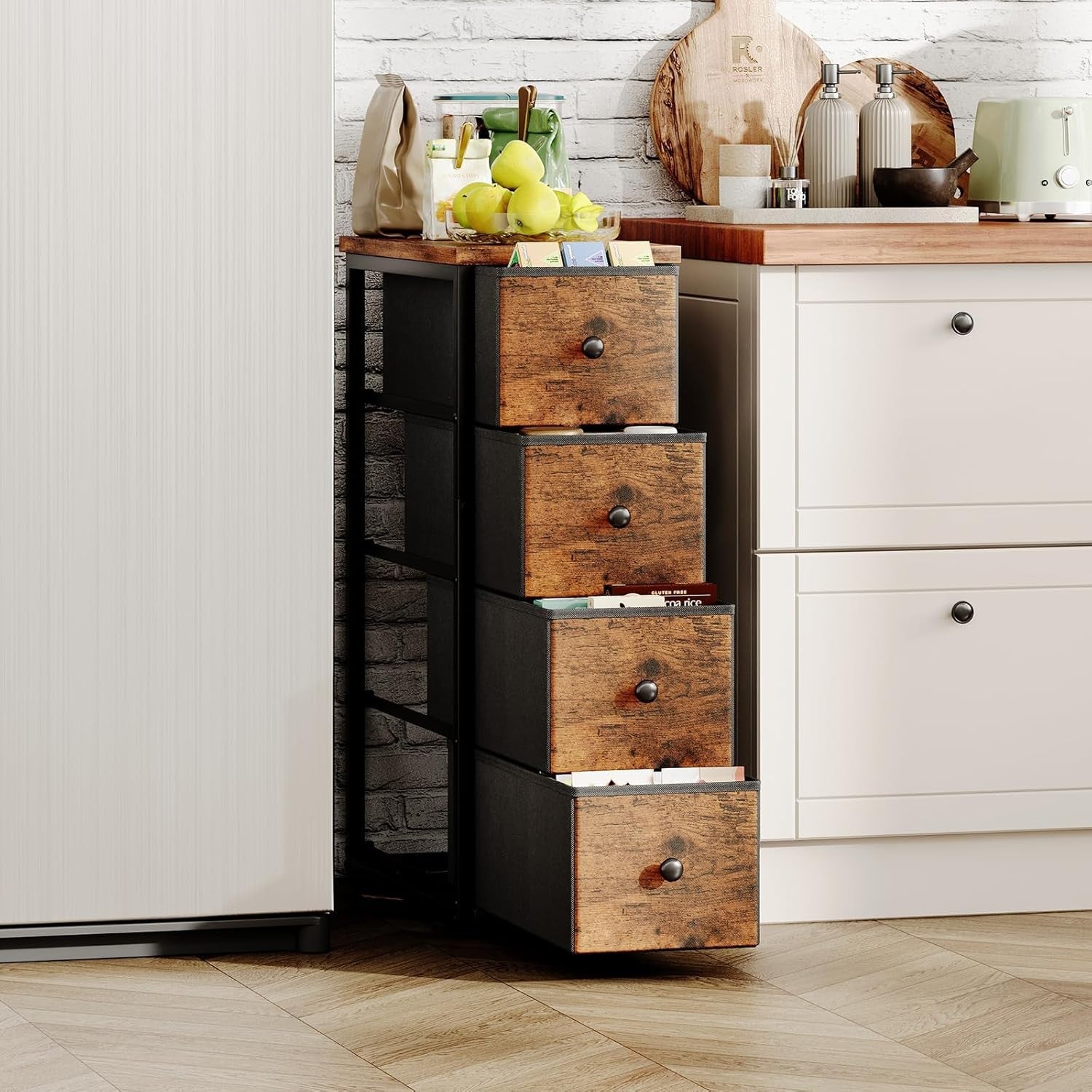Tall Slim 5 Drawer Storage Cabinet Wood Top Narrow Bedroom Hallway Brown