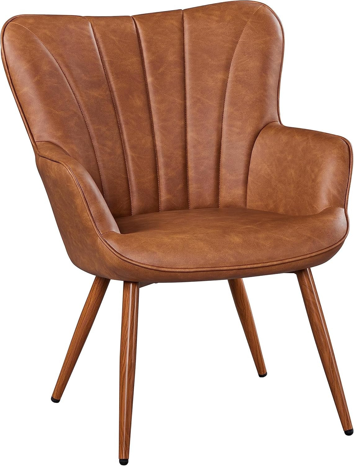 Retro Brown PU Leather Tub Chair Curved Back Accent Armchair