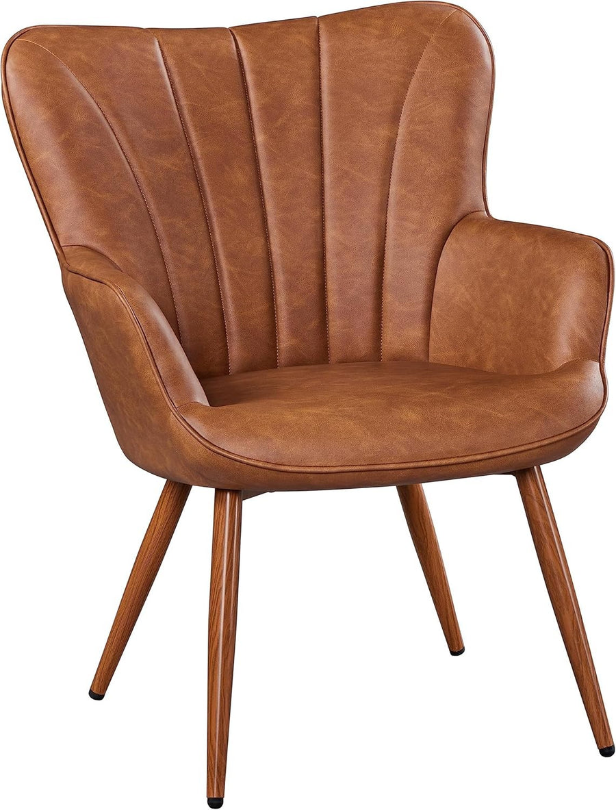 Retro Brown PU Leather Tub Chair Curved Back Accent Armchair
