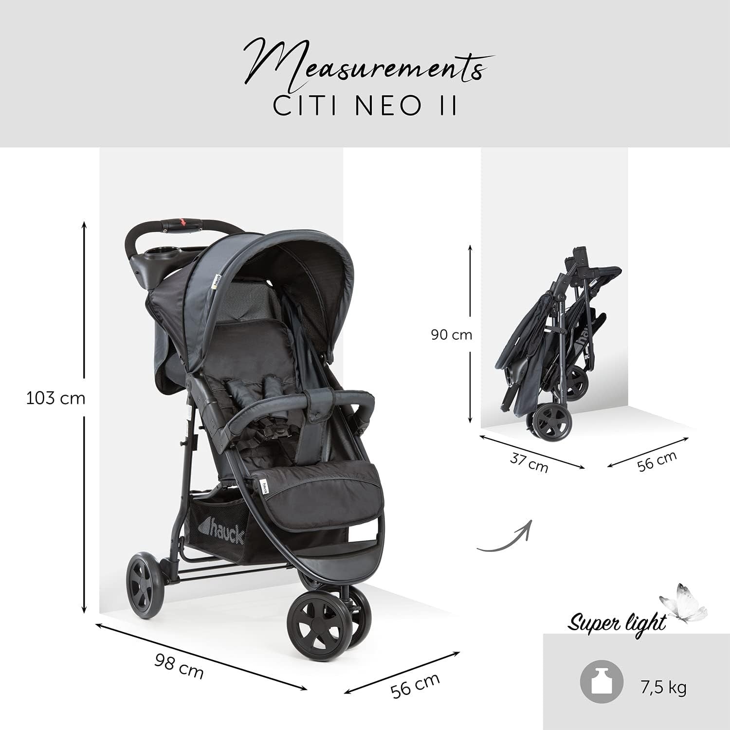Lightweight 3 Wheel Pushchair Compact One-Hand Fold Stroller XL Basket Caviar