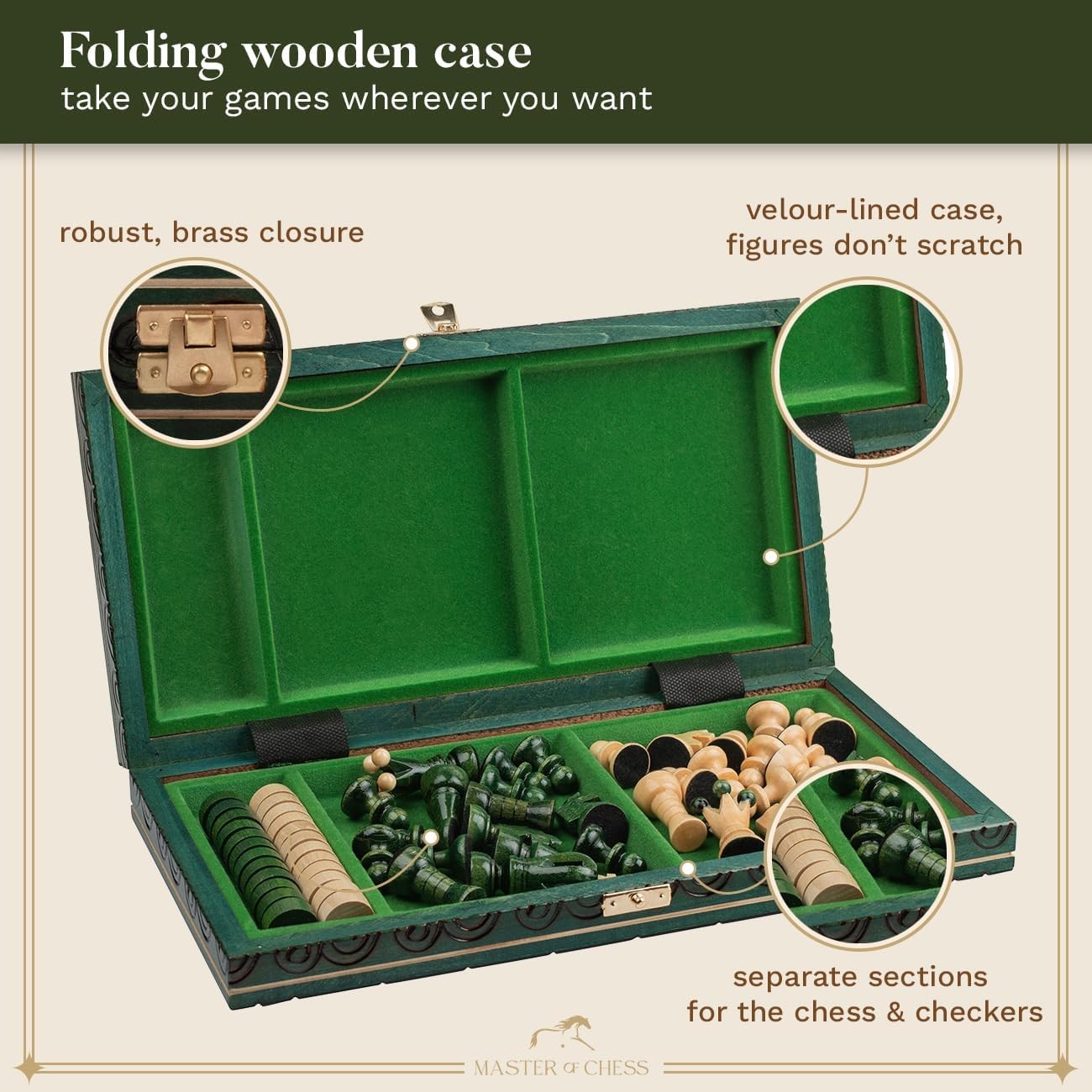Luxury 35cm Wooden Chess & Draughts Set | Folding Board | Handmade Green Set