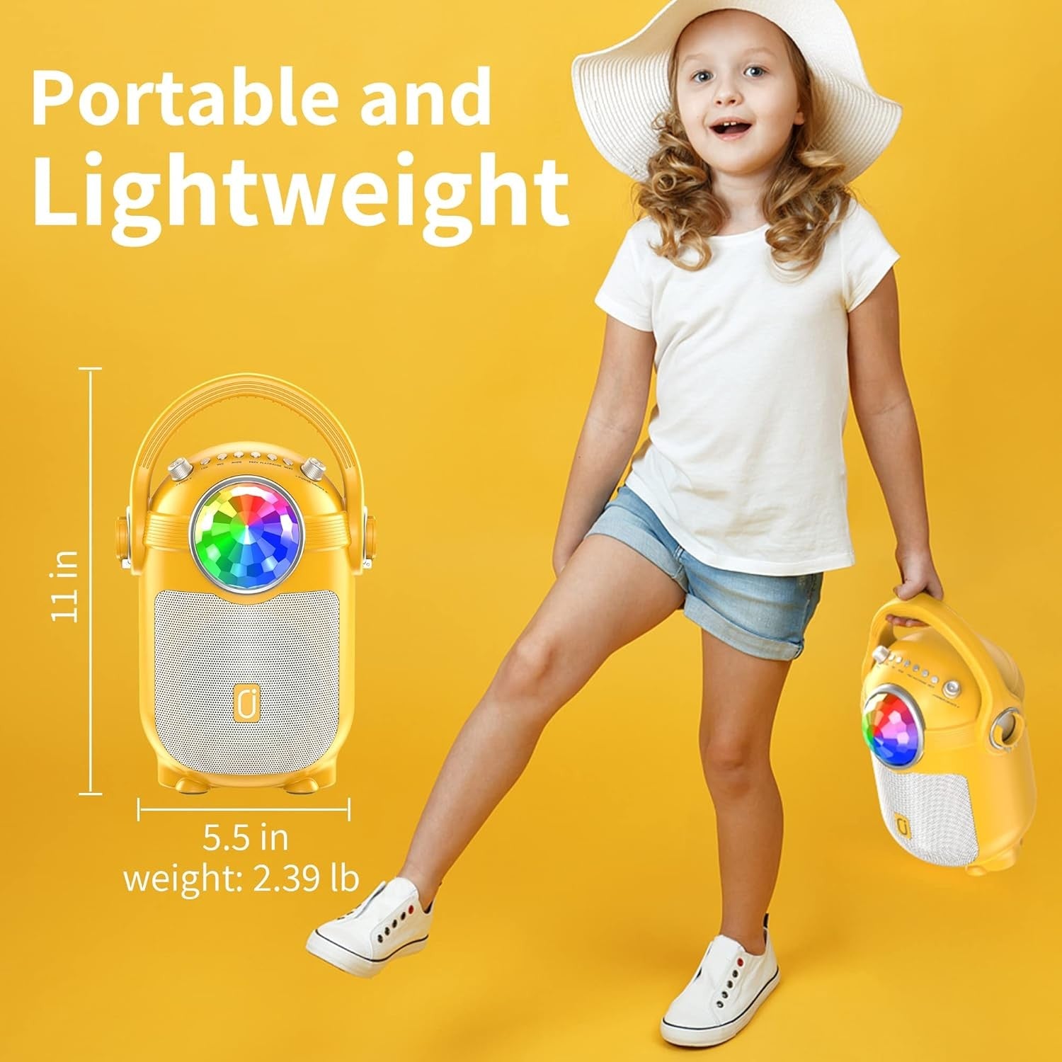 Kids Karaoke Machine Bluetooth Speaker 2 Mics LED Lights Yellow