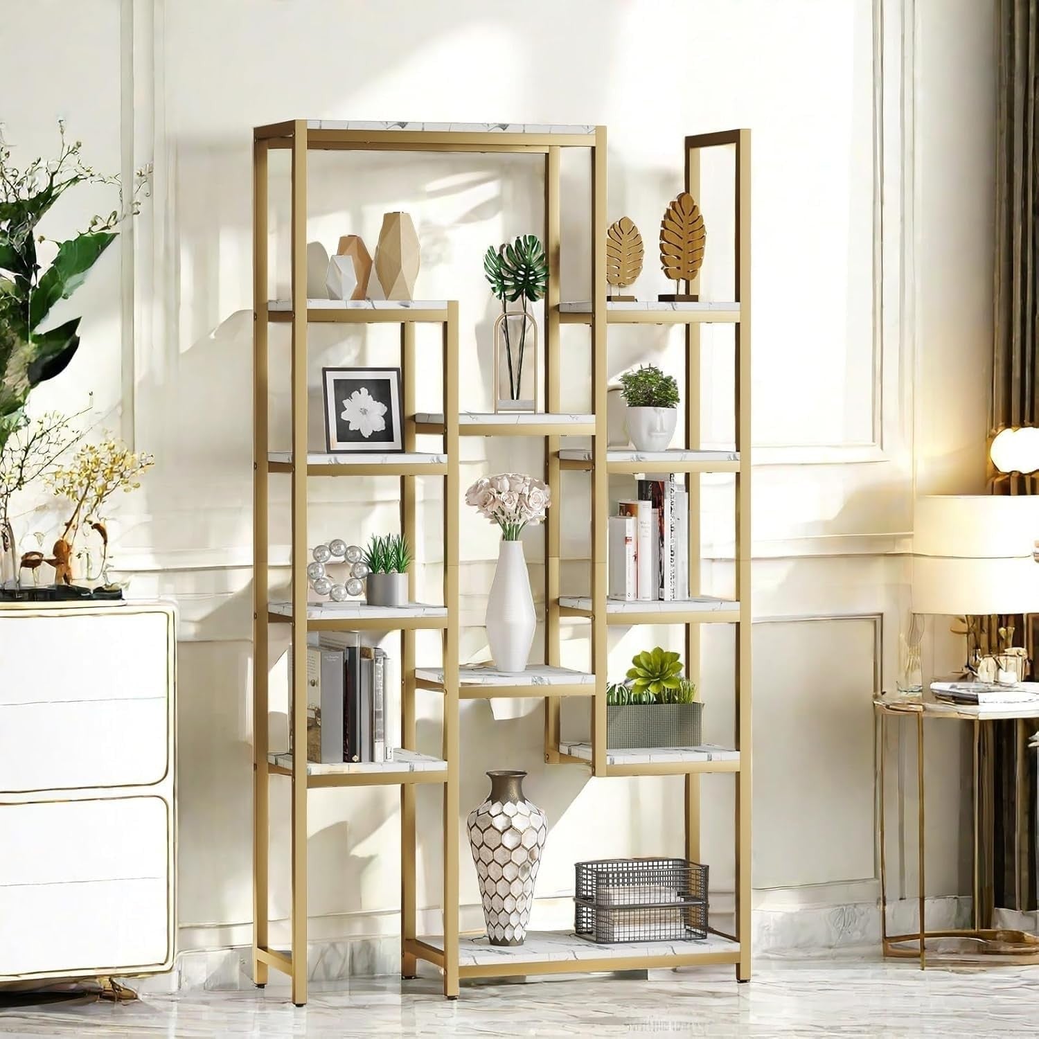 Modern Gold & White 6-Tier Bookcase | 12-Shelf Open Display Storage Unit