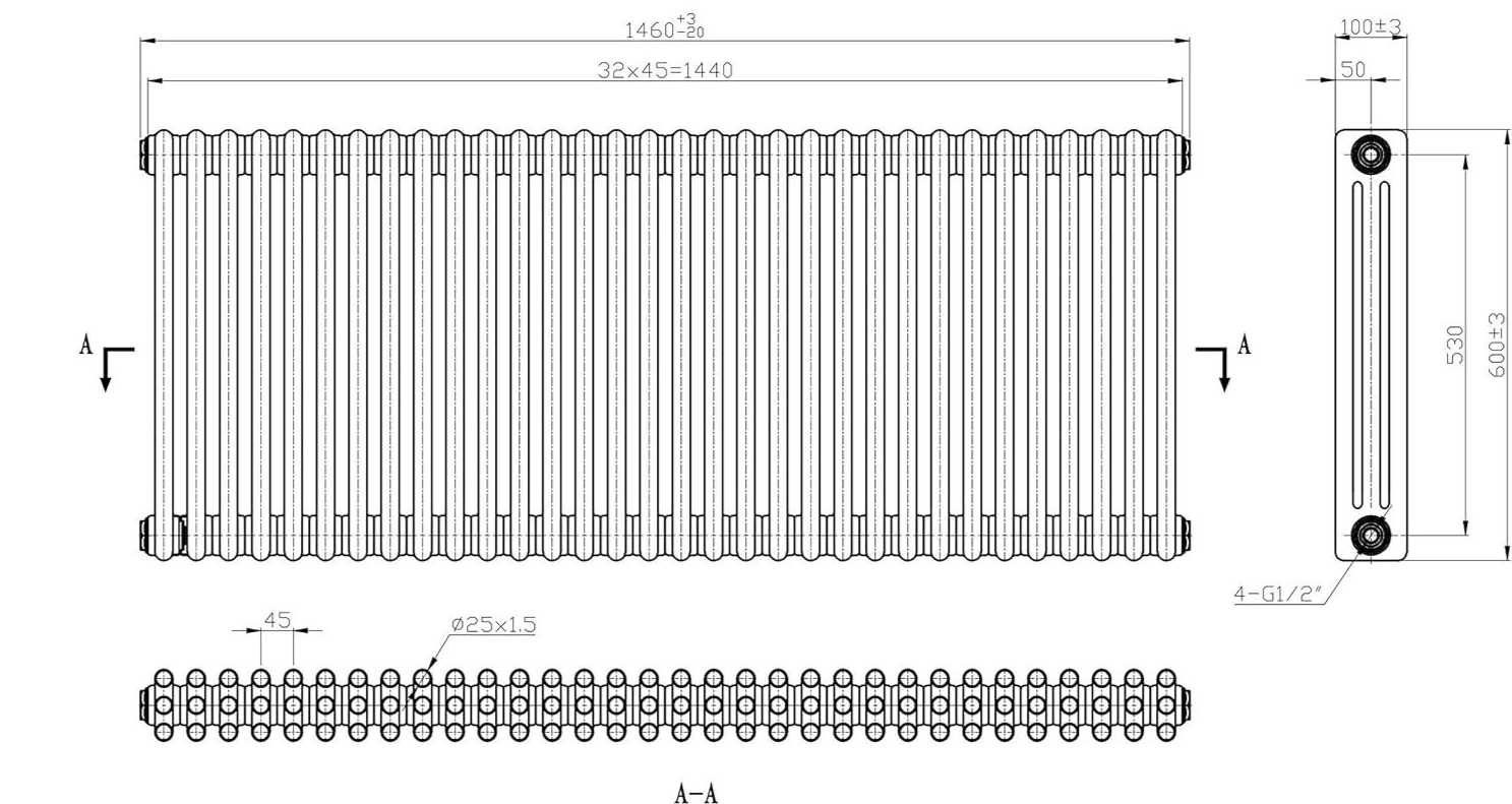 White Triple Column Horizontal Radiator 600x1460mm High Heat Output