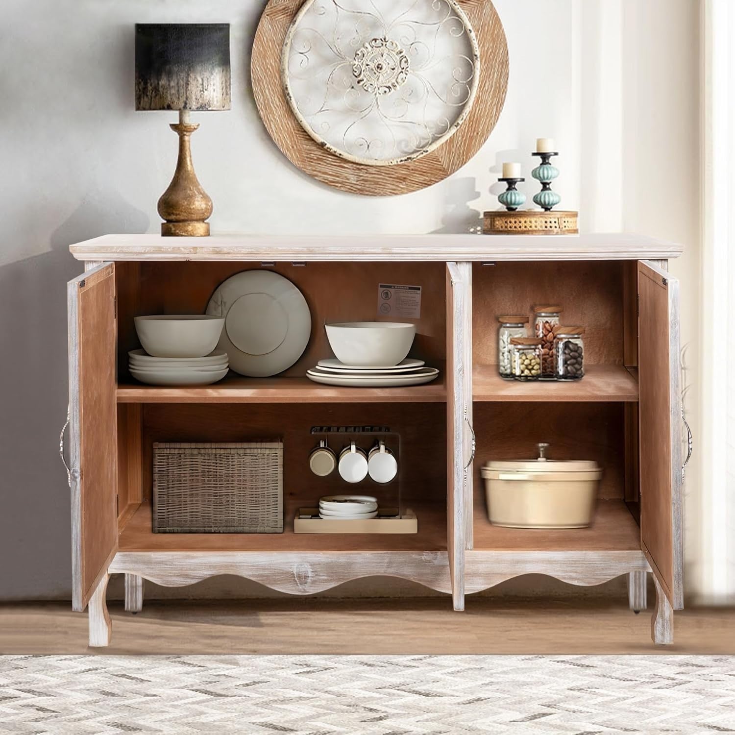 French Country Buffet Cabinet with 3 Doors Large Storage Grey Style Wood