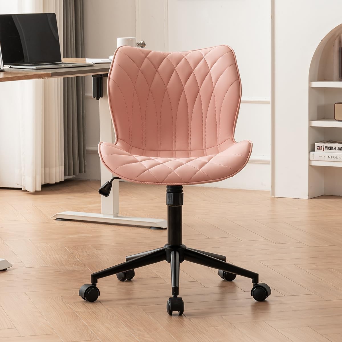 Pink Armless Swivel Office Desk Chair Ergonomic Faux Leather Adjustable Rocking