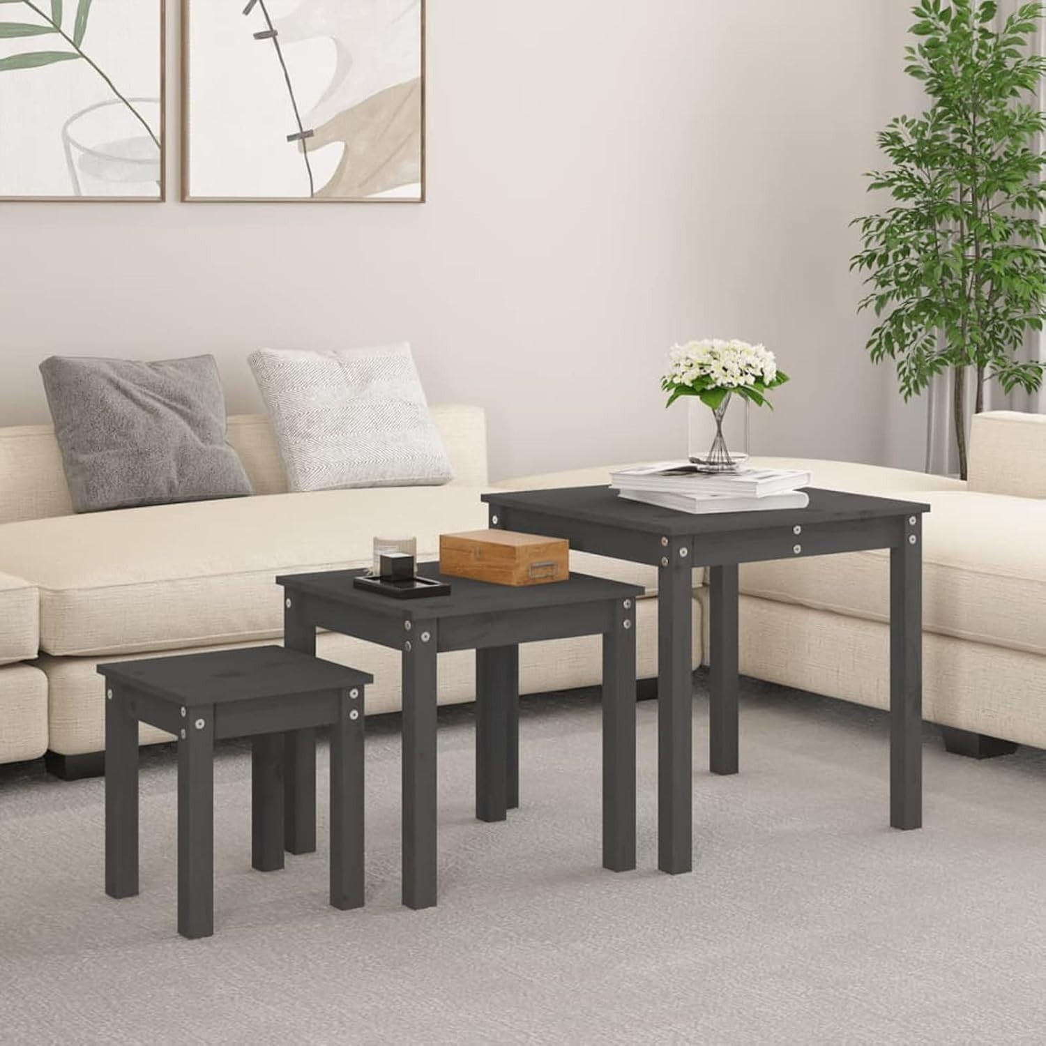 Grey Pine Wood Nesting Side End Tables Set of 2 Storage Living Room Furniture