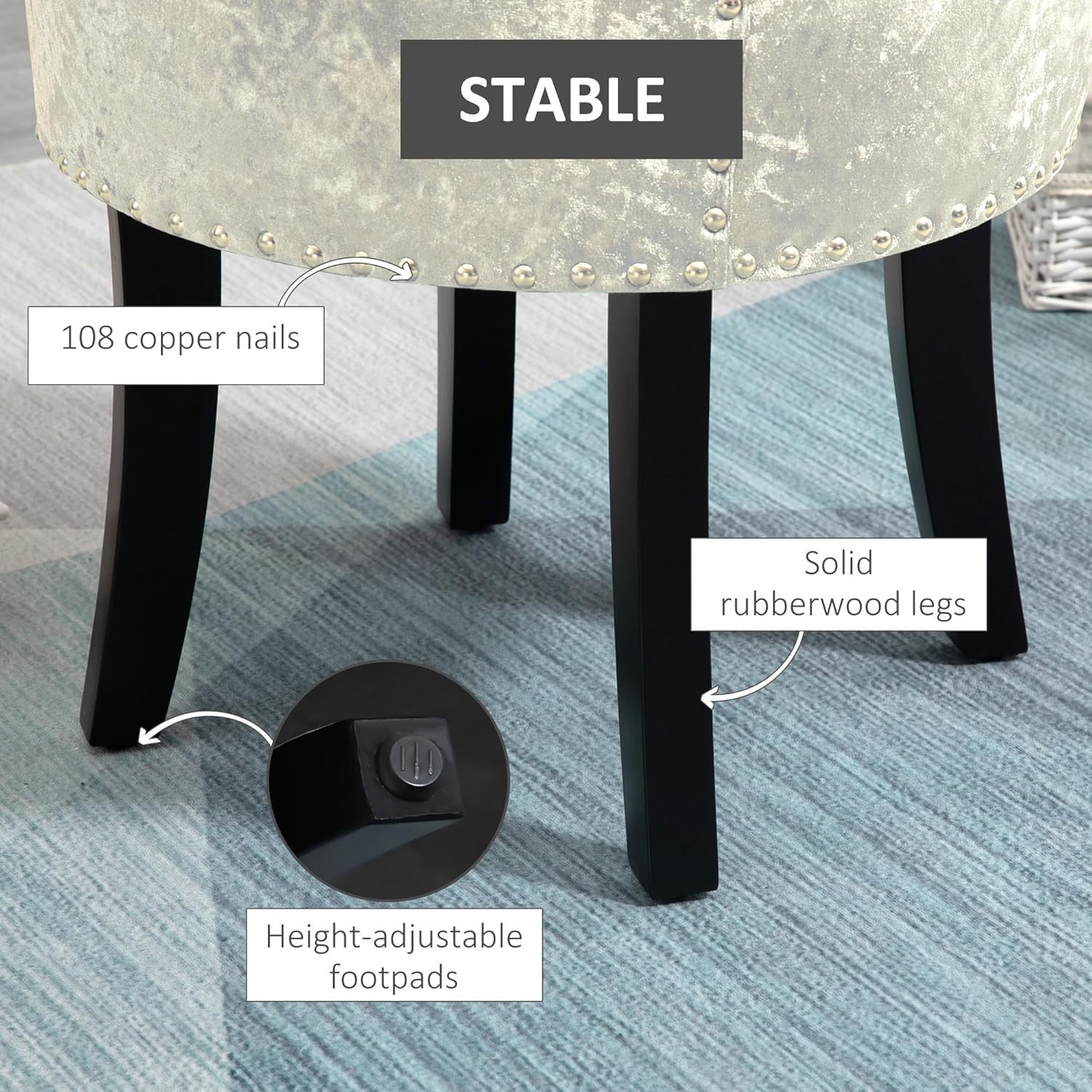 Beige Ice Velvet Dressing Table Stool Rubber Wood Legs Padded Vanity Seat