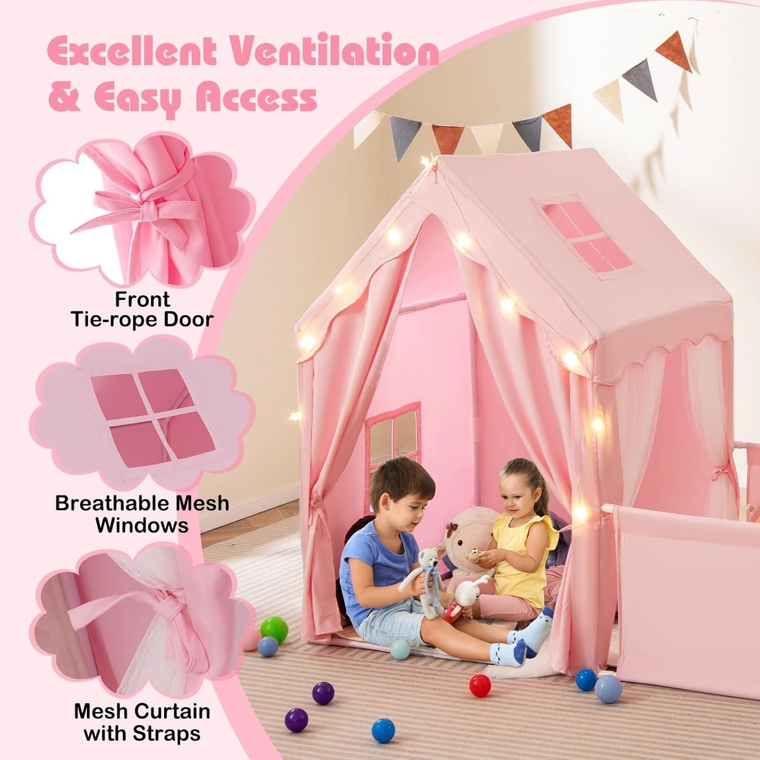 Kids Play Tent Pink Castle with Lights Mat Indoor Toddler Playhouse