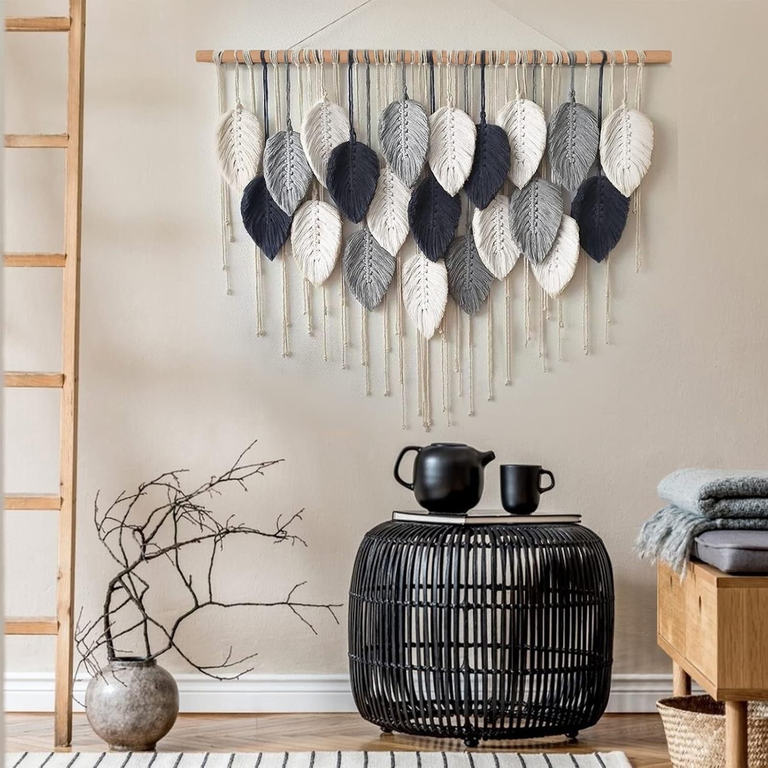 Large Boho Macrame Wall Hanging Leaf Woven Decor Blue