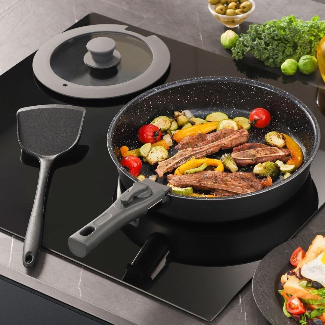 6pcs Non Stick Ceramic Cookware Set – Induction Safe Pans with Detachable Handle