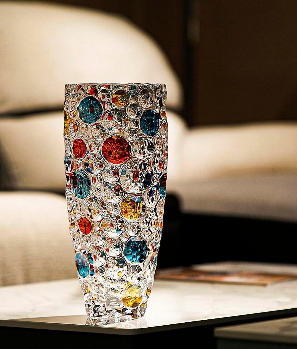 Large Crystal Glass Flower Vase 11.8in Colorful Dot Modern Home Décor
