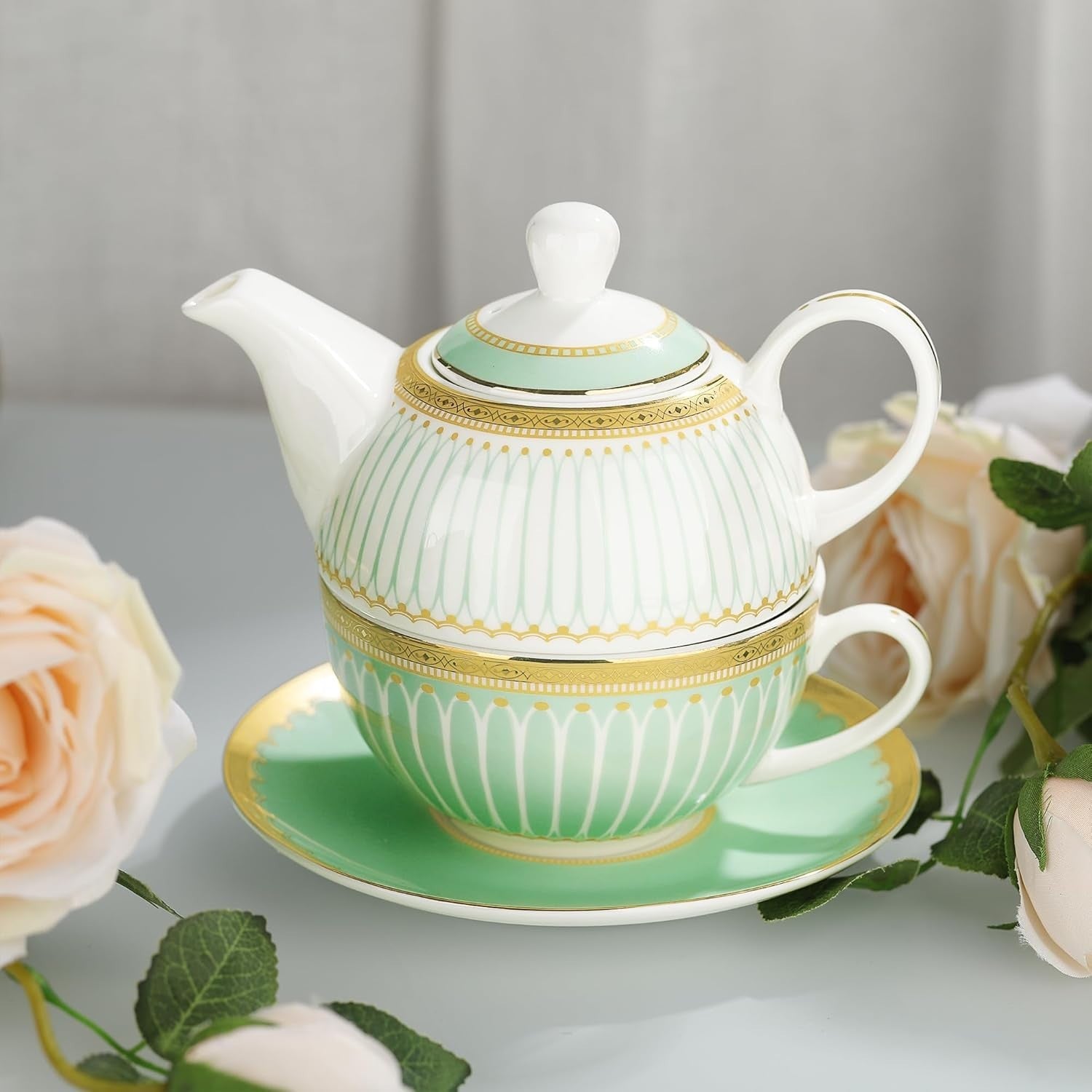Porcelain Teapot Cup & Saucer Set Green Gold Afternoon Tea Set Gift