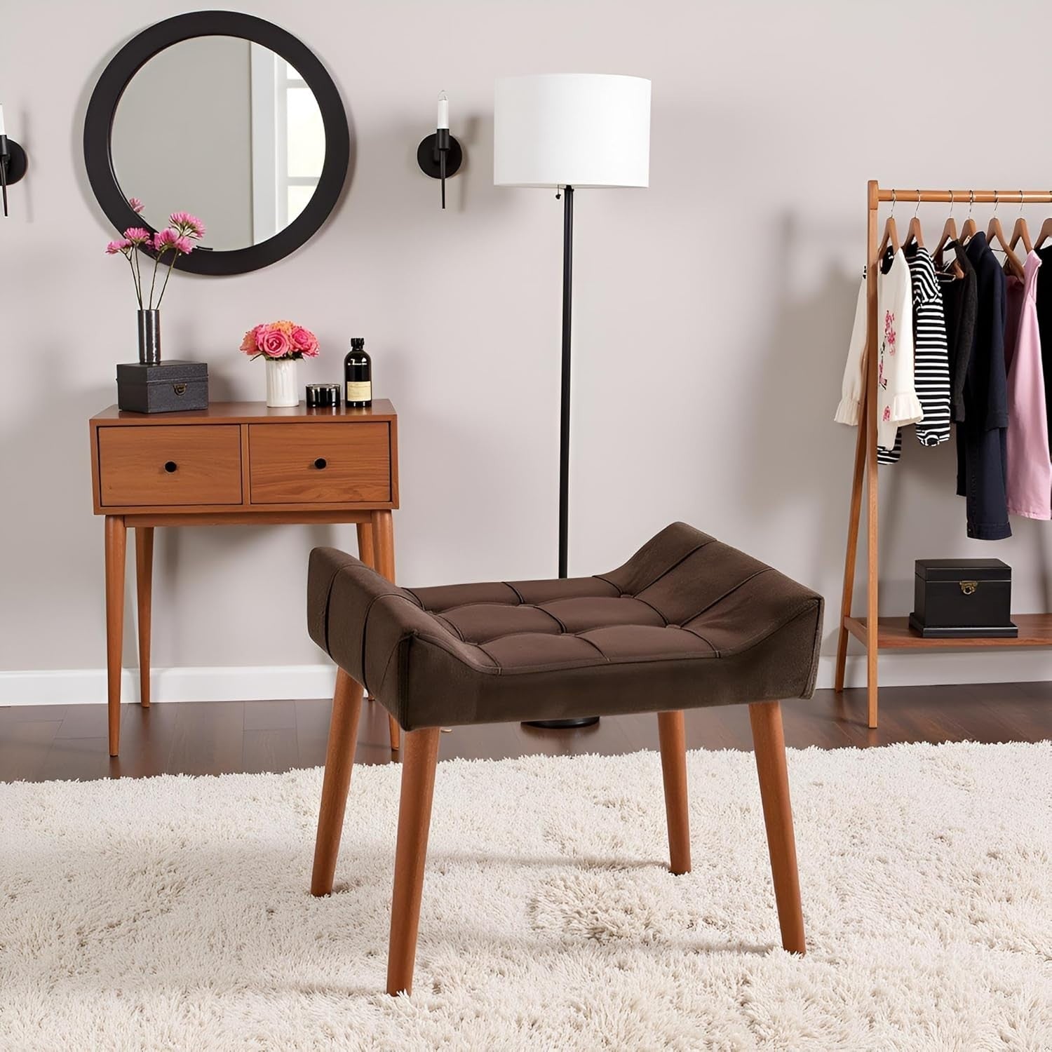 Brown Padded Dressing Table Stool Modern Vanity Makeup Chair Bedroom
