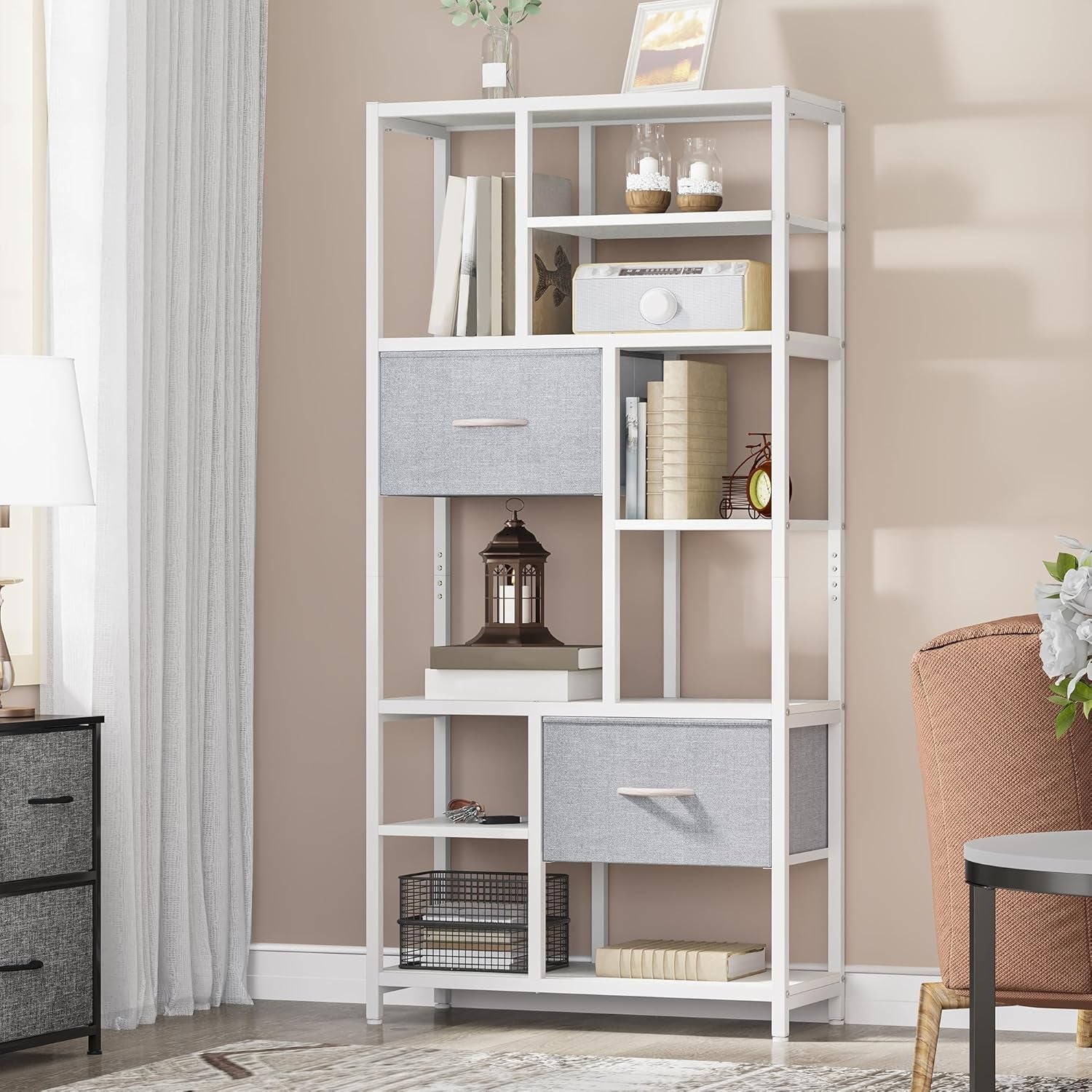 White 7-Tier Industrial Bookshelf with Drawers, Tall Storage Display Unit