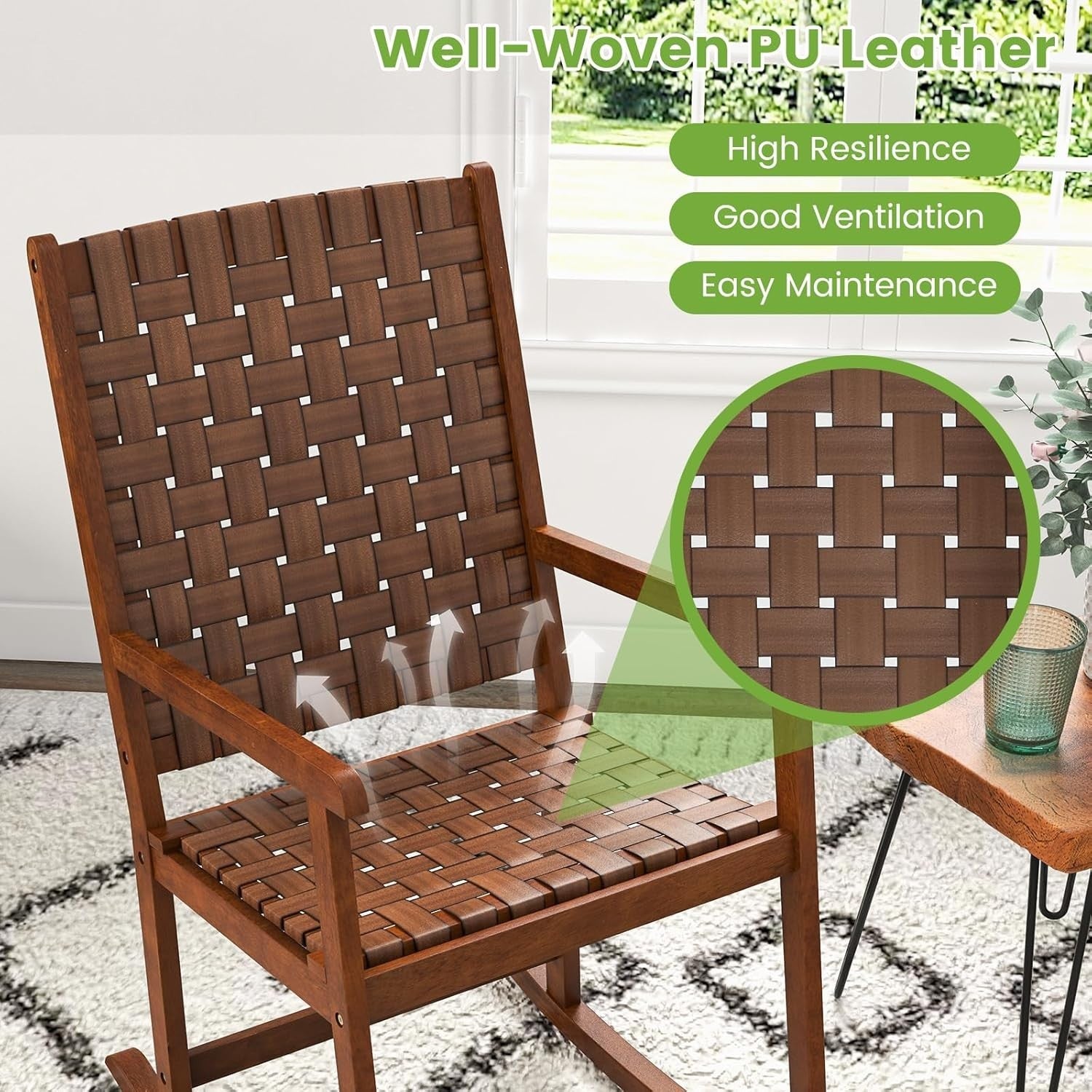 Outdoor Rocking Chair with PU Leather Seat & Woven Back – Patio & Balcony