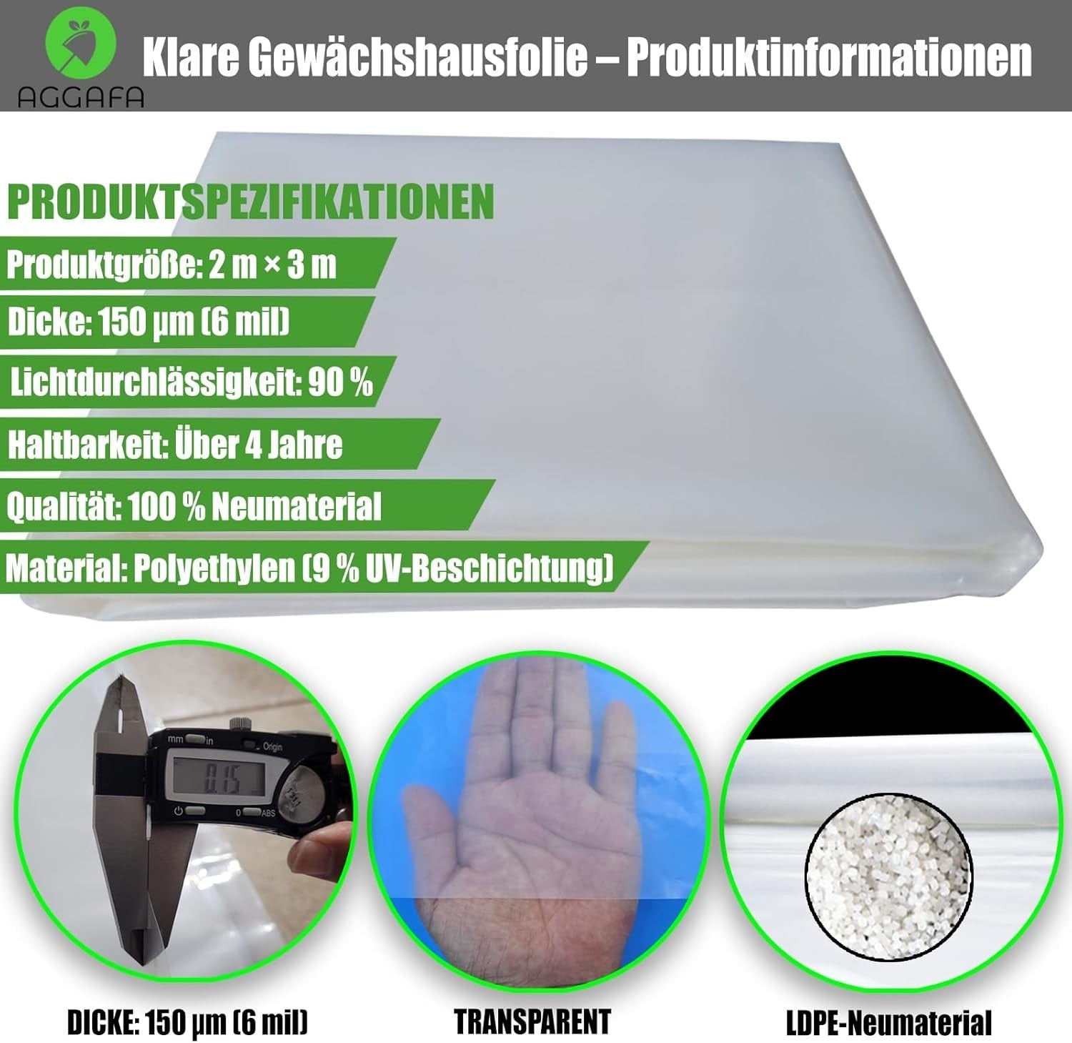 Heavy Duty Greenhouse Plastic Sheeting 2M x 3M UV Resistant 150um