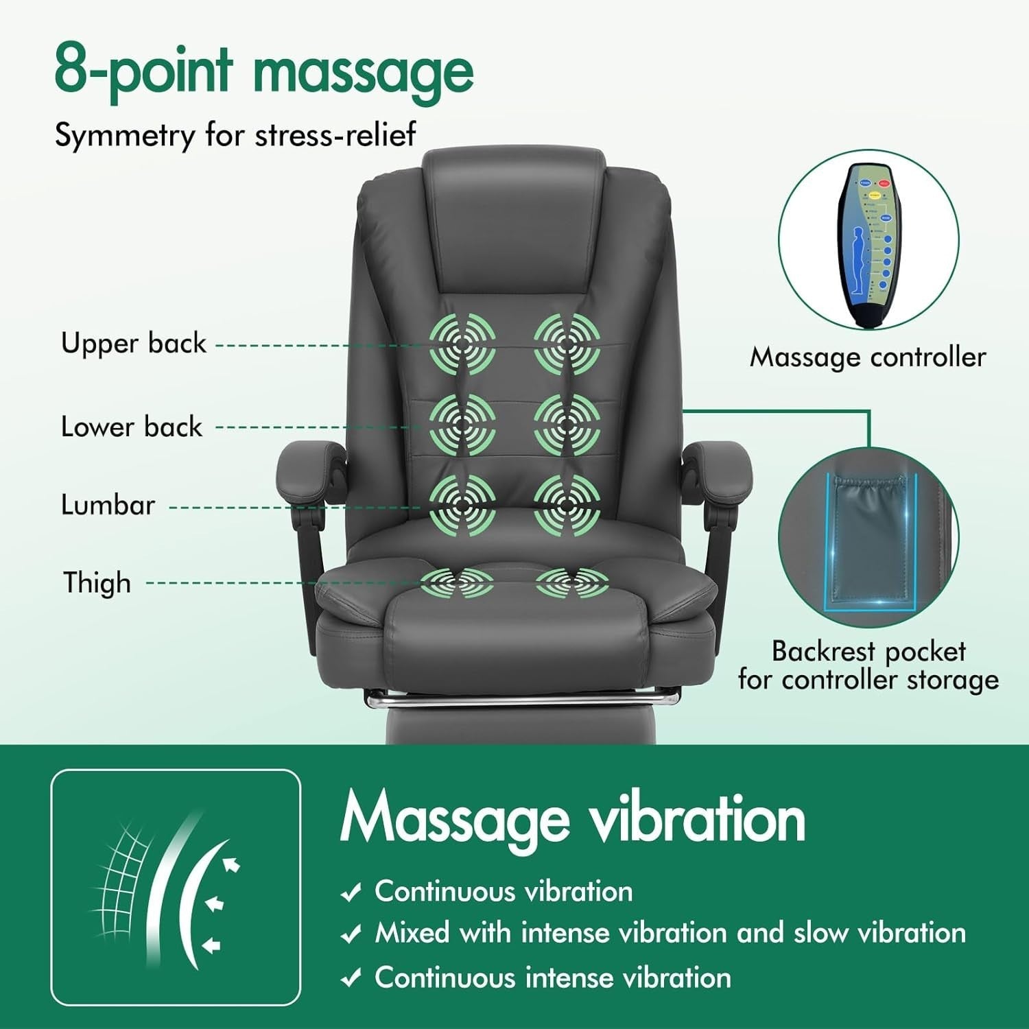 Executive Office Chair Massage Heated Gaming Recliner Grey Faux Leather Ergonomi