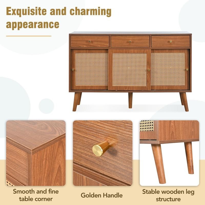 Retro Rattan Sideboard Cabinet 3 Drawer 3 Door Wooden Storage for Living Room