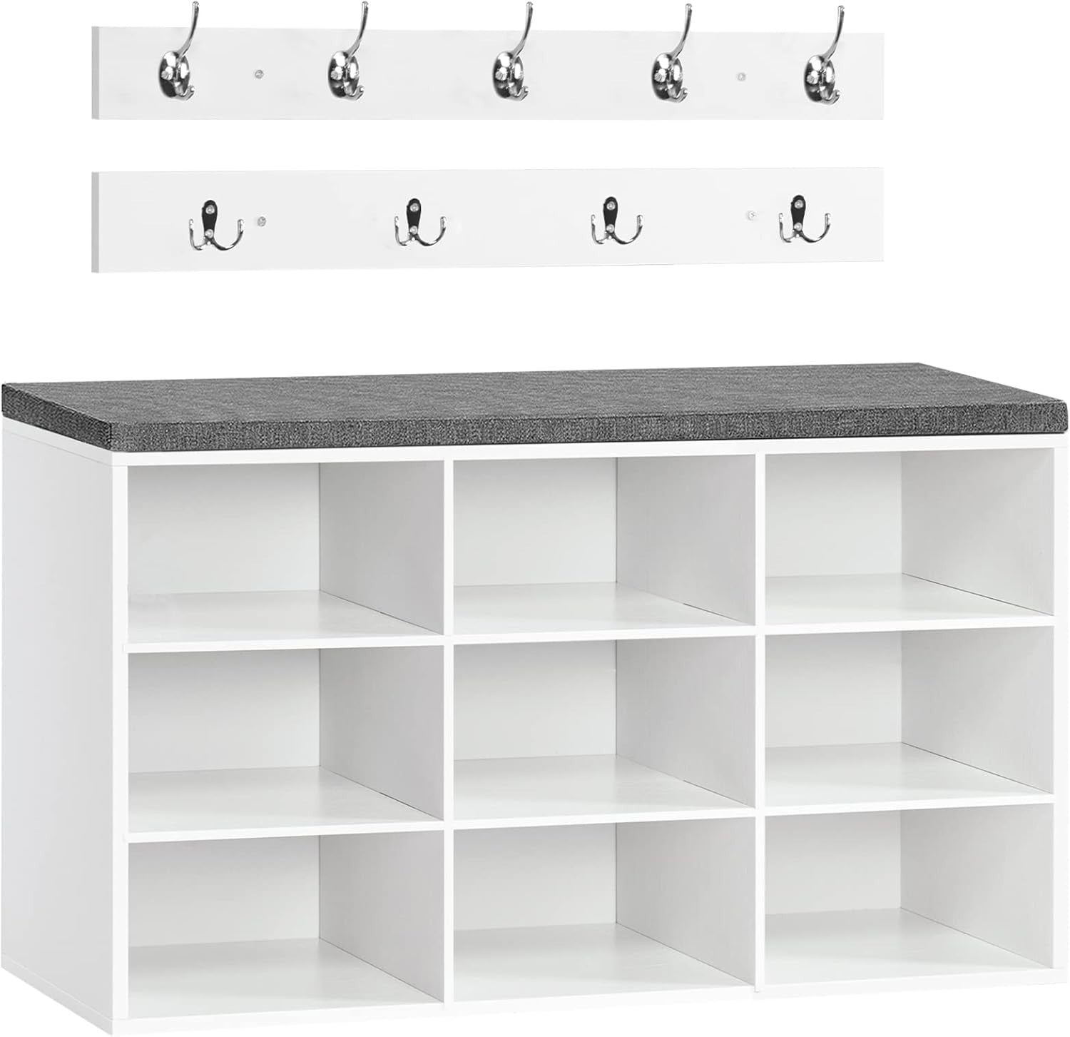 Shoe Storage Bench with Cushion & Hooks, 9 Cubbies, 80cm Hallway Unit
